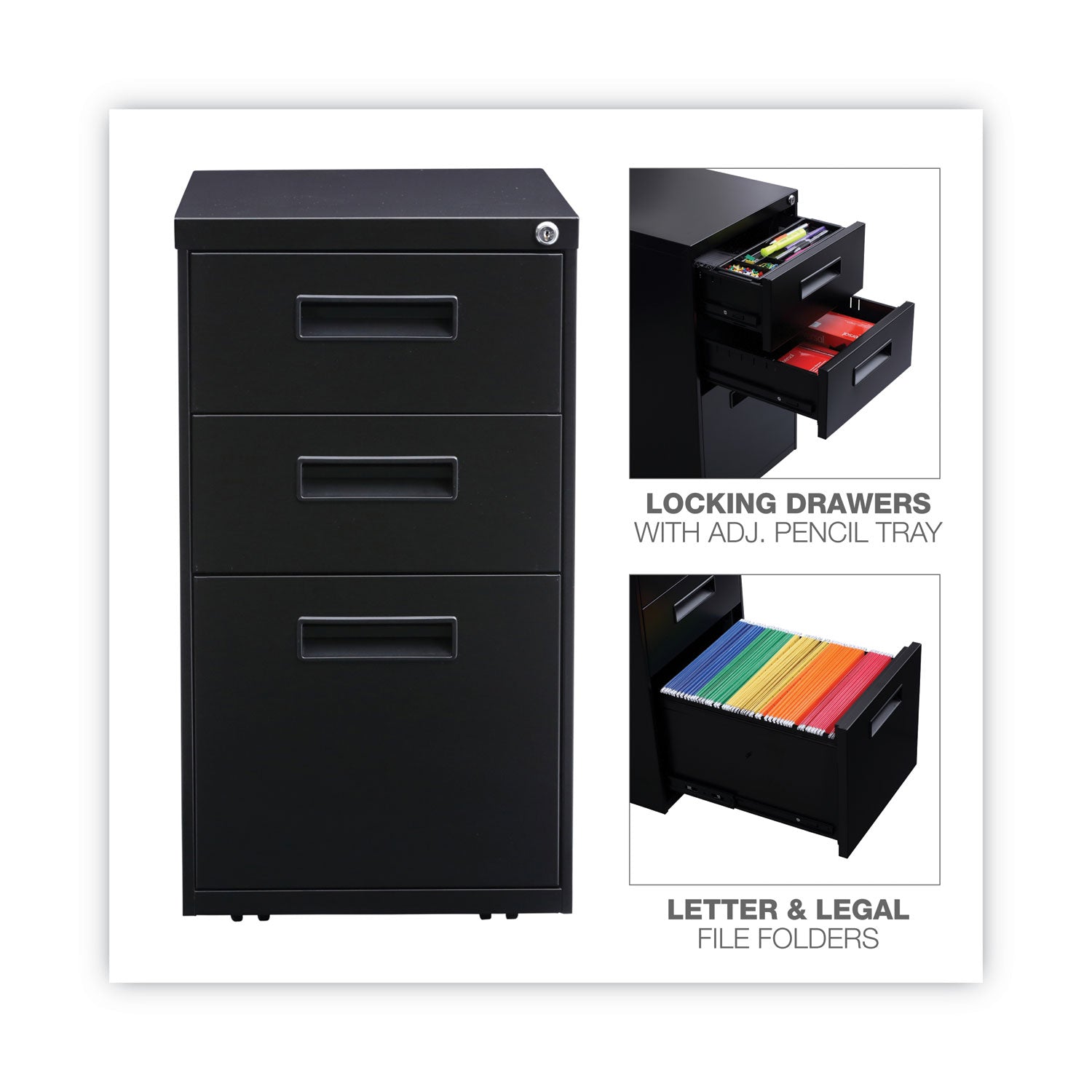 Alera® File Pedestal, Left or Right, 3-Drawers: Box/Box/File, Legal/Letter, Black, 14.96" x 19.29" x 27.75"