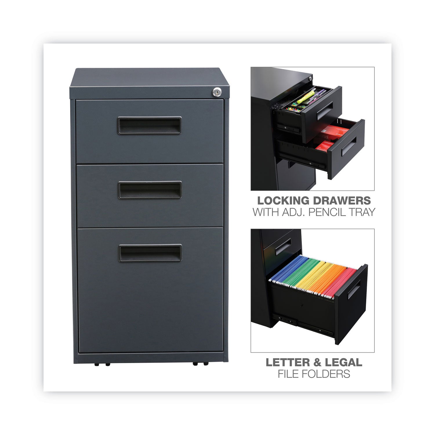 Alera® File Pedestal, Left or Right, 3-Drawers: Box/Box/File, Legal/Letter, Charcoal, 14.96" x 19.29" x 27.75"