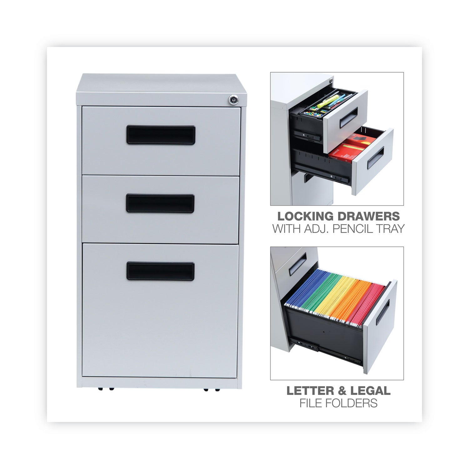 Alera® File Pedestal, Left or Right, 3-Drawers: Box/Box/File, Legal/Letter, Light Gray, 14.96" x 19.29" x 27.75"