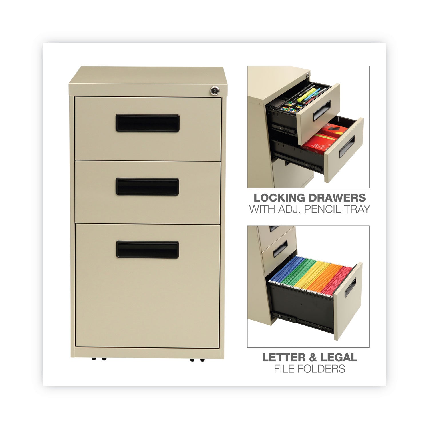 Alera® File Pedestal, Left or Right, 3-Drawers: Box/Box/File, Legal/Letter, Putty, 14.96" x 19.29" x 27.75"