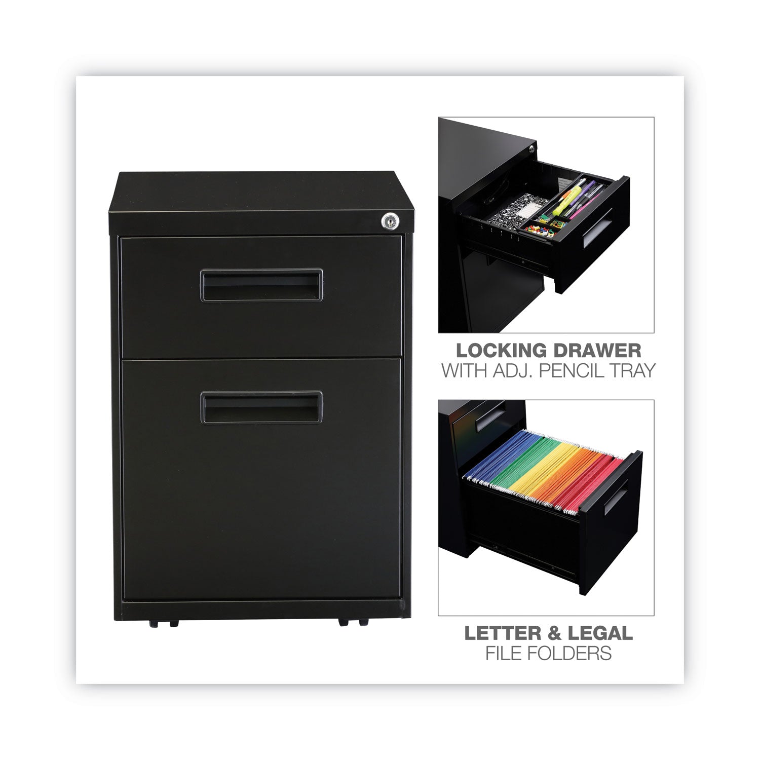 Alera® File Pedestal, Left or Right, 2-Drawers: Box/File, Legal/Letter, Black, 14.96" x 19.29" x 21.65"