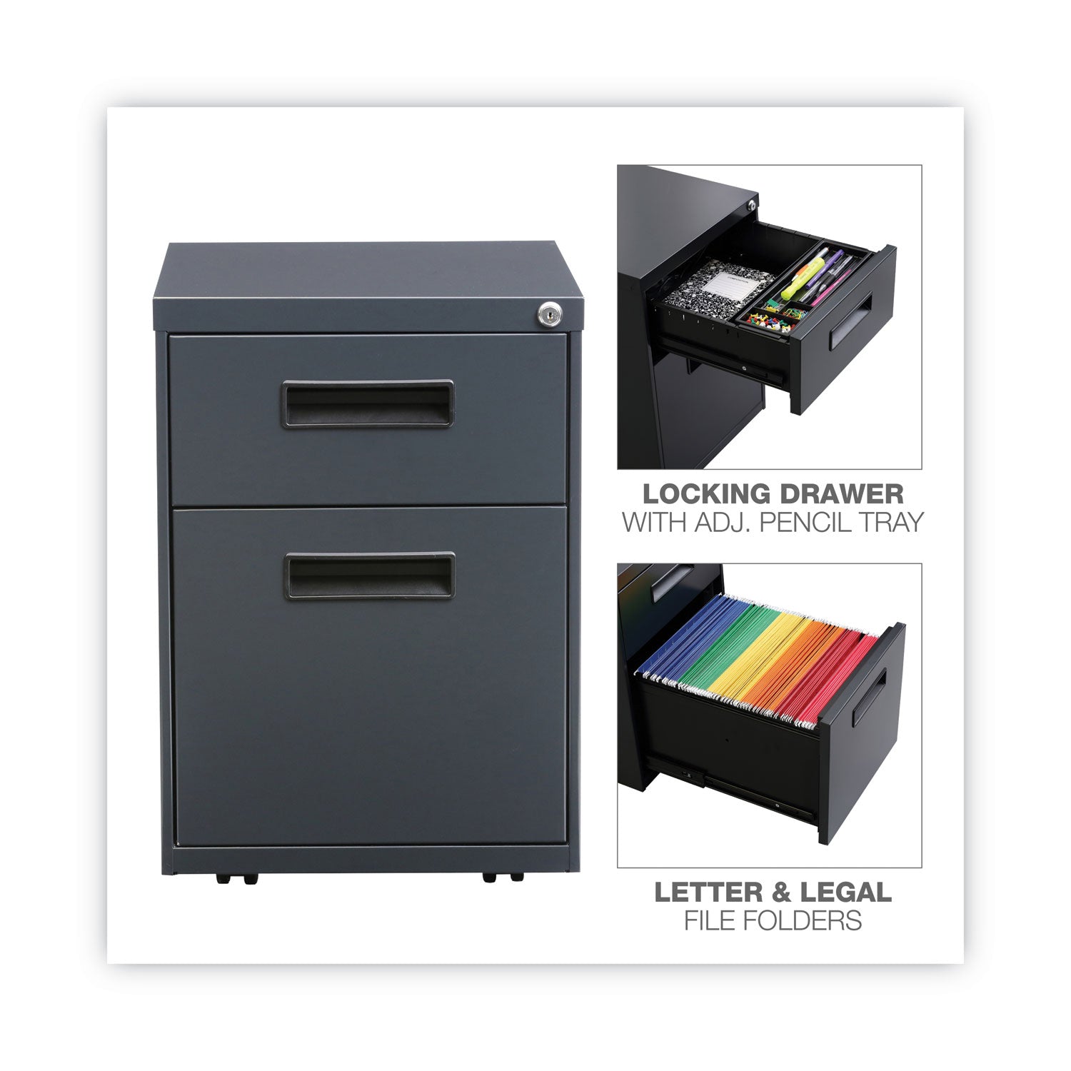 Alera® File Pedestal, Left or Right, 2-Drawers: Box/File, Legal/Letter, Charcoal, 14.96" x 19.29" x 21.65"