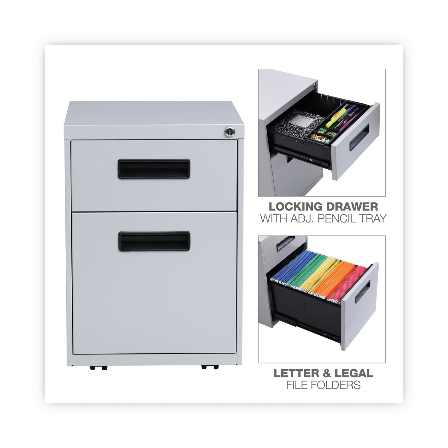 Alera® File Pedestal, Left or Right, 2-Drawers: Box/File, Legal/Letter, Light Gray, 14.96" x 19.29" x 21.65"