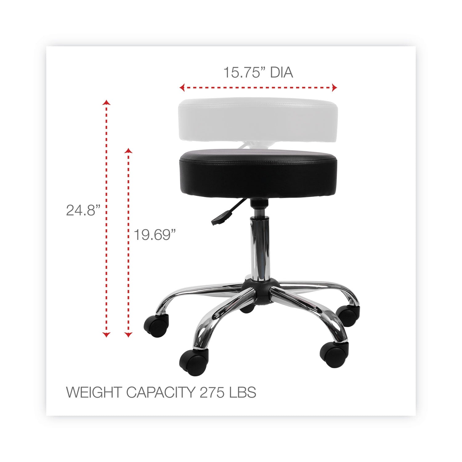 Alera® Height Adjustable Lab Stool, Backless, Supports Up to 275 lb, 19.69" to 24.80" Seat Height, Black Seat, Chrome Base