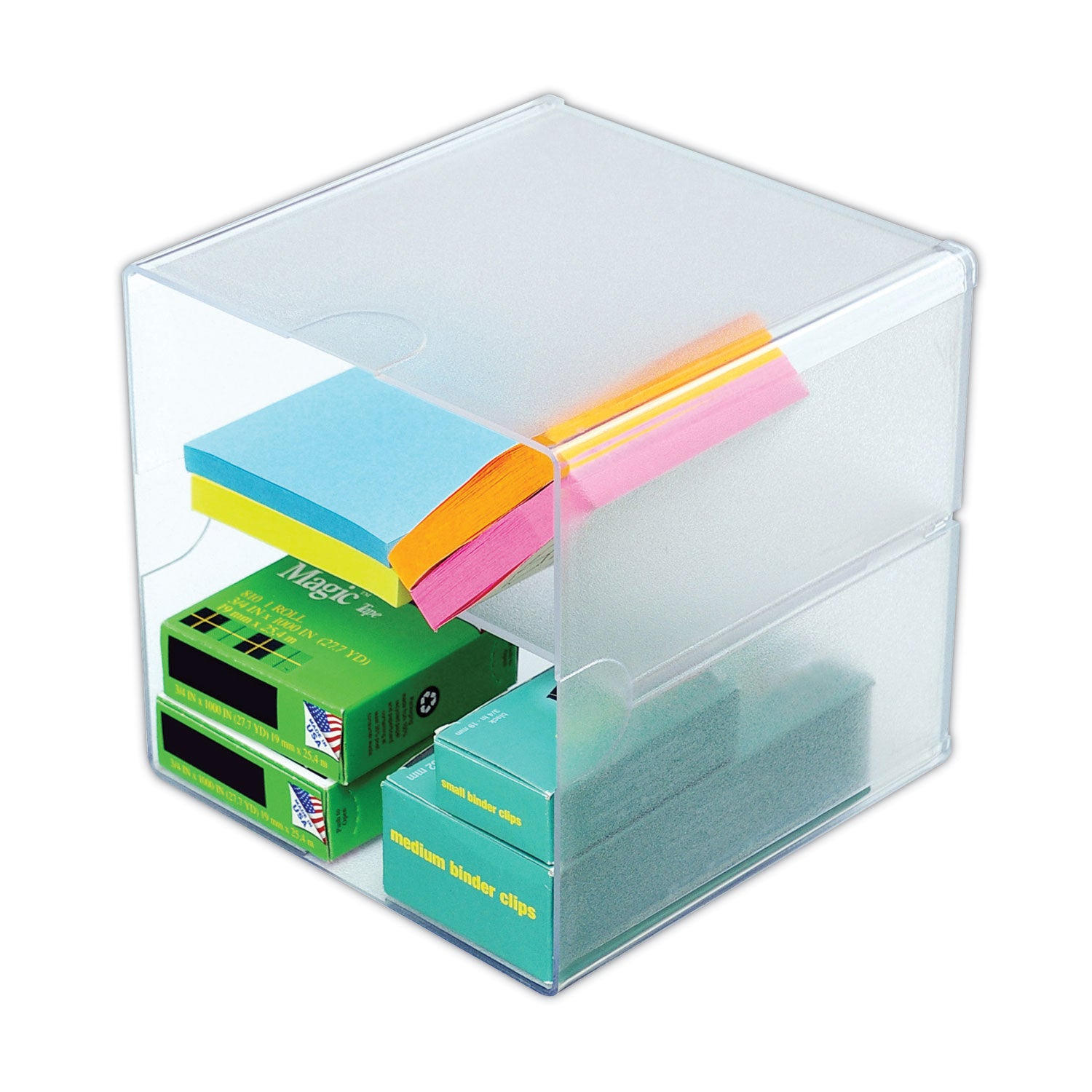 Stackable Cube Organizer, Divided, 2 Compartments, Plastic, 6 x 6 x 6, Clear