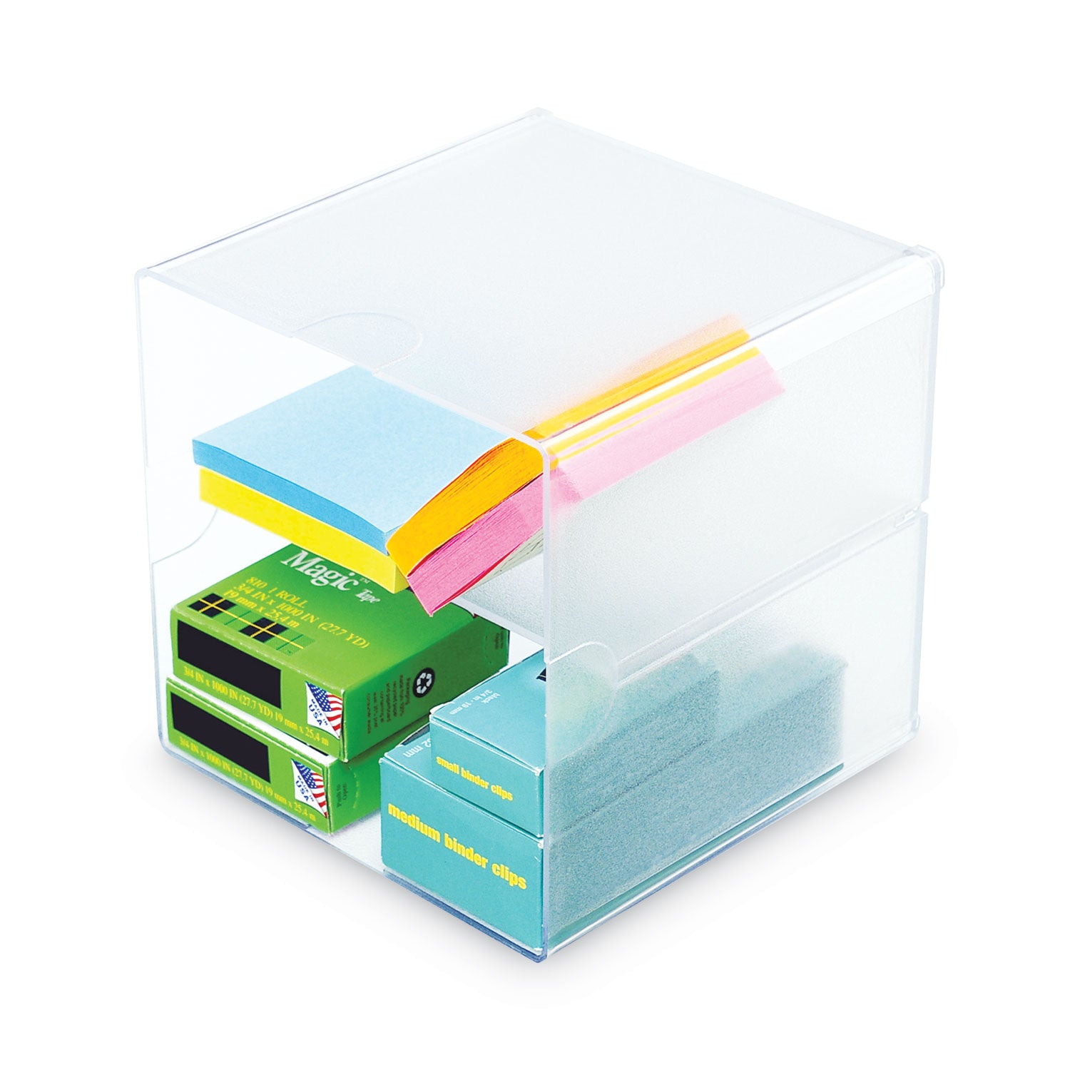 deflecto® Stackable Cube Organizer, Divided, 2 Compartments, Plastic, 6 x 6 x 6, Clear