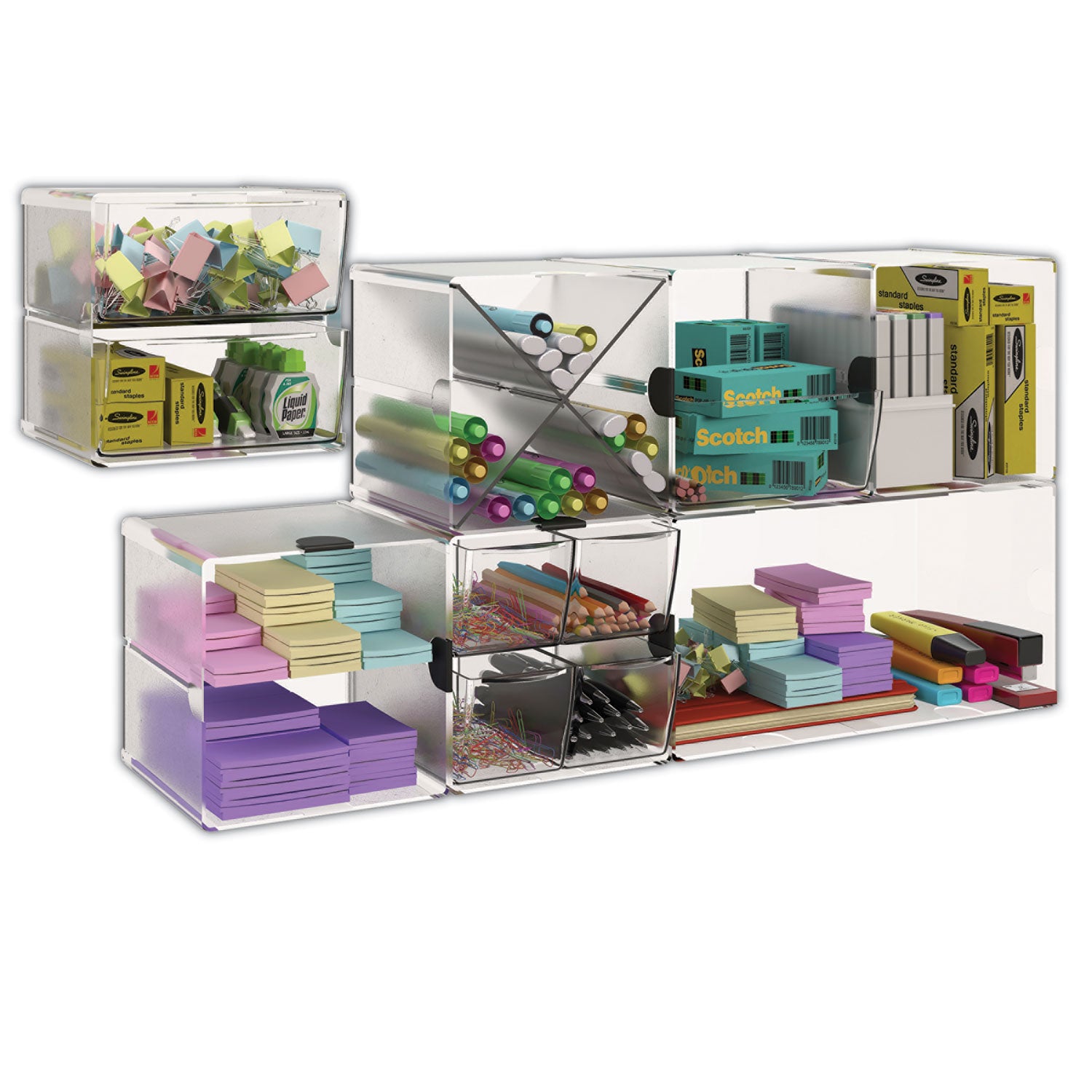 deflecto® Stackable Cube Organizer, Divided, 2 Compartments, Plastic, 6 x 6 x 6, Clear