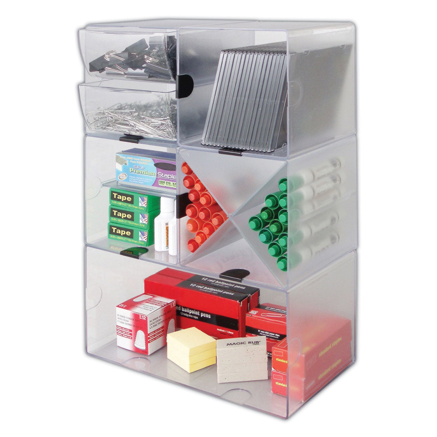 deflecto® Stackable Cube Organizer, Divided, 2 Compartments, Plastic, 6 x 6 x 6, Clear