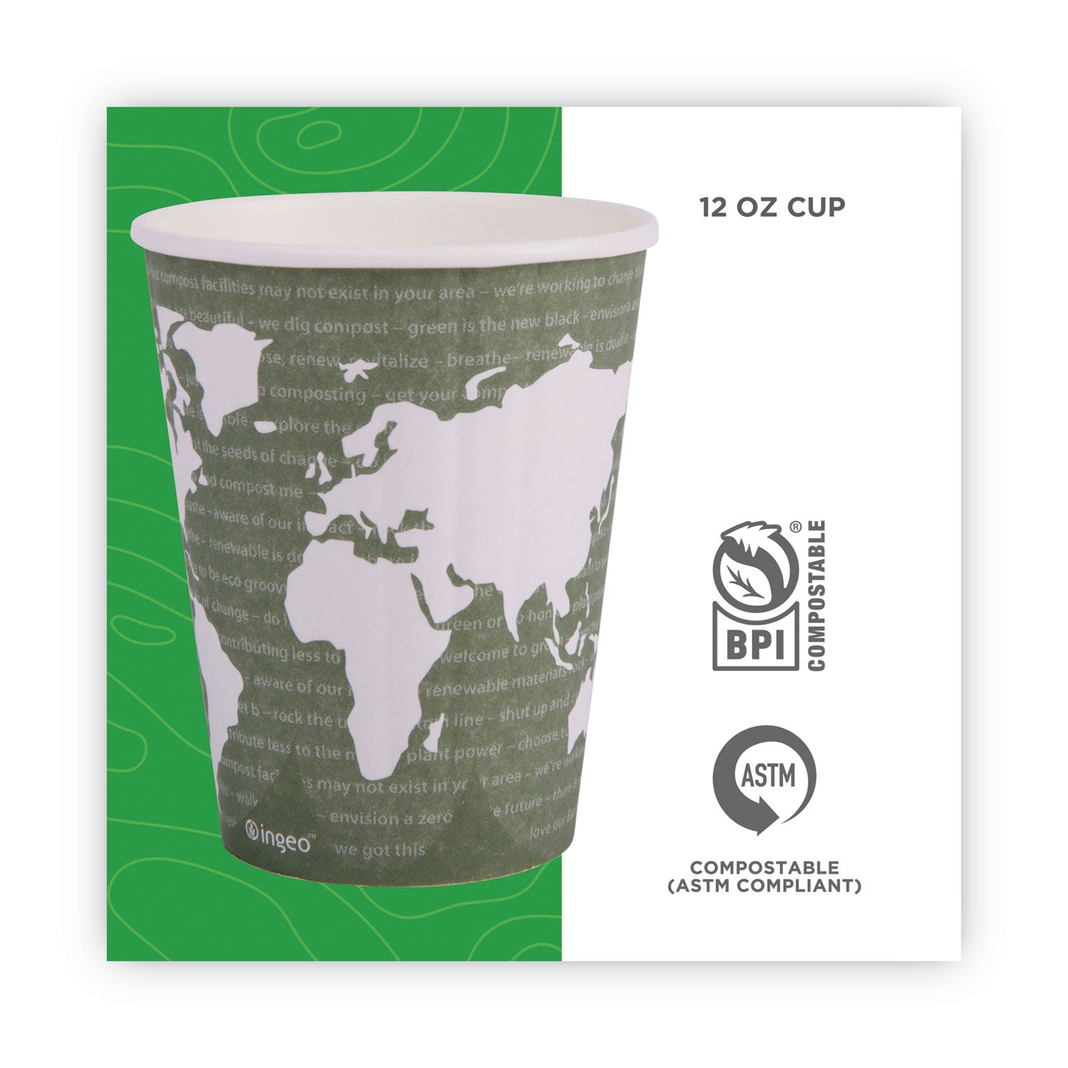 Eco-Products® World Art Renewable and Compostable Insulated Hot Cups, PLA, 12 oz, 40/Packs, 15 Packs/Carton