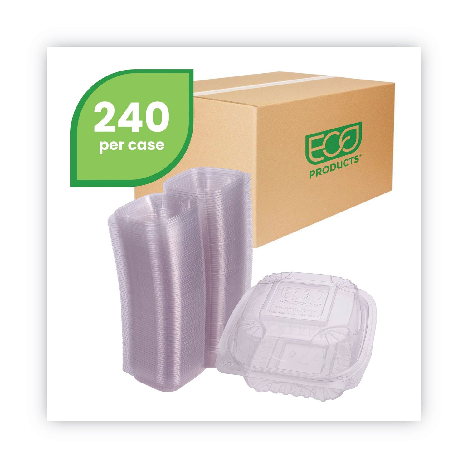 Eco-Products® Clear Clamshell Hinged Food Containers, 6 x 6 x 3, Plastic, 80/Pack, 3 Packs/Carton