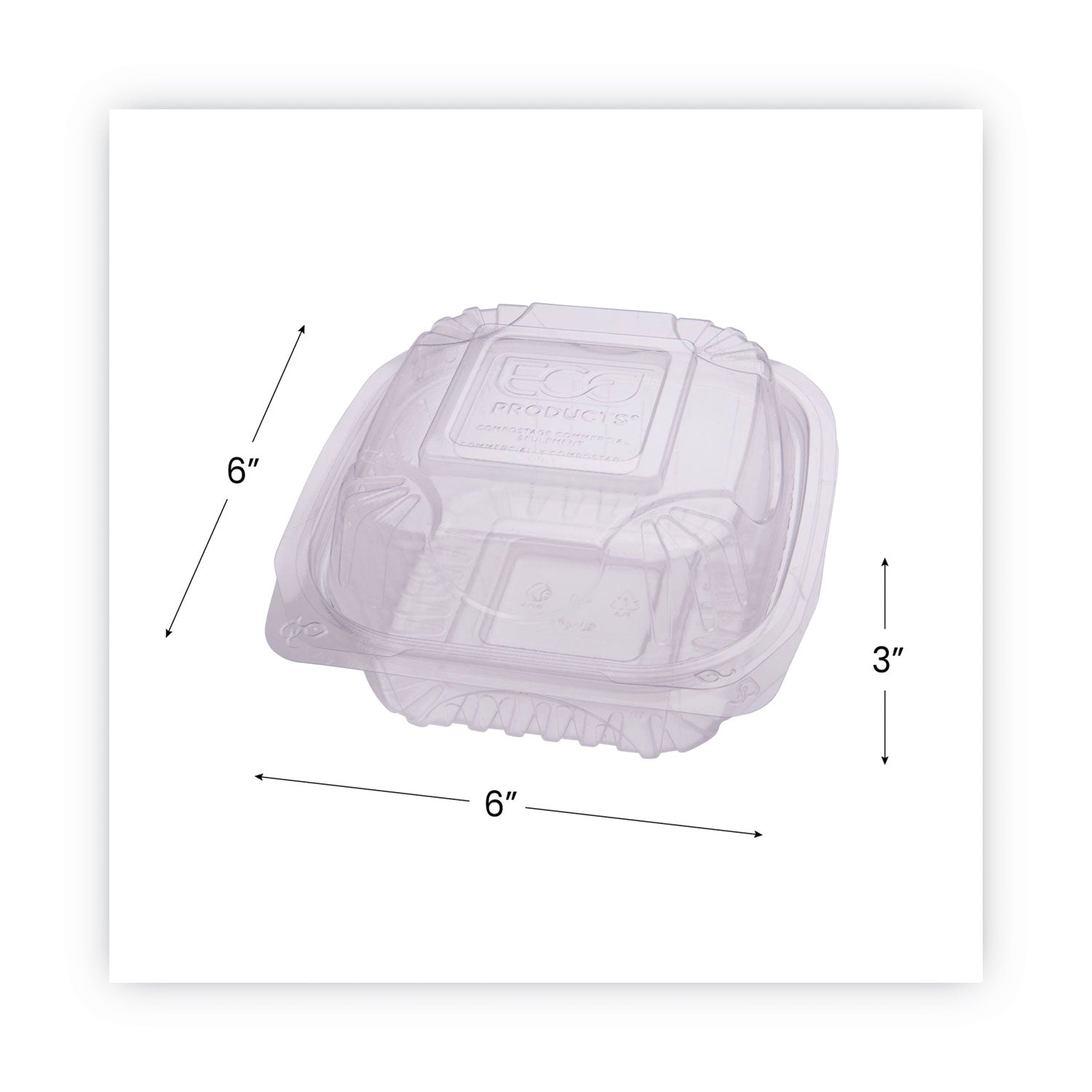 Eco-Products® Clear Clamshell Hinged Food Containers, 6 x 6 x 3, Plastic, 80/Pack, 3 Packs/Carton