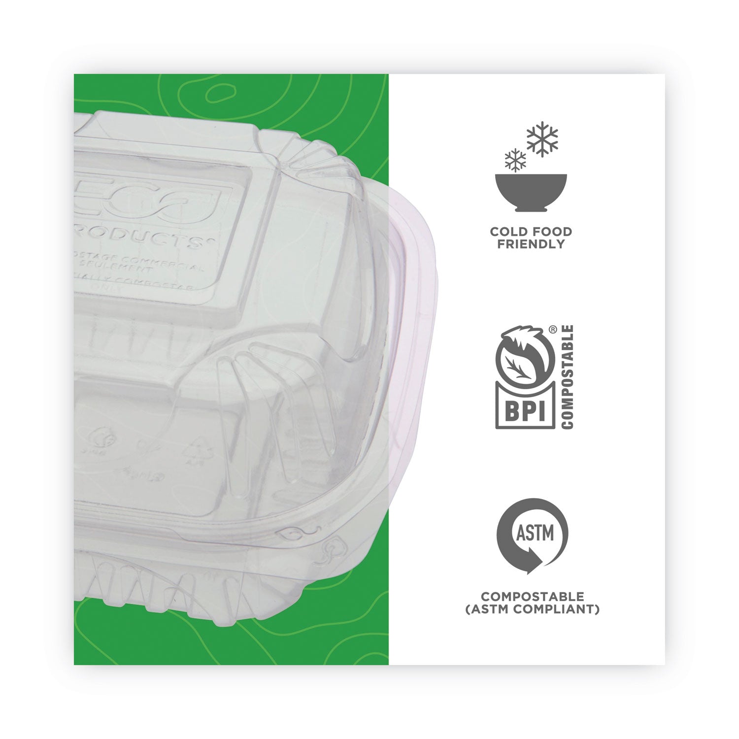 Eco-Products® Clear Clamshell Hinged Food Containers, 6 x 6 x 3, Plastic, 80/Pack, 3 Packs/Carton