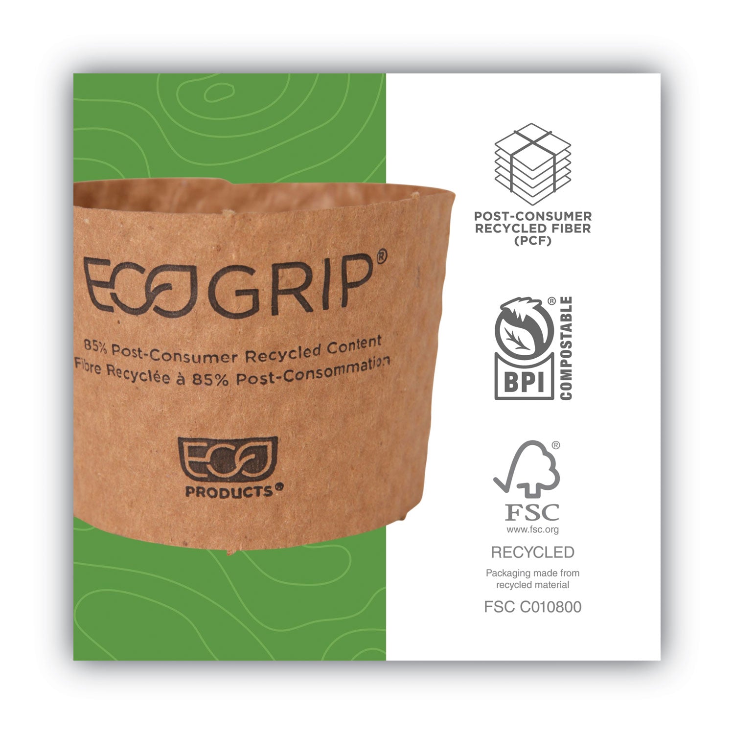 Eco-Products® EcoGrip Hot Cup Sleeves - Renewable and Compostable, Fits 12, 16, 20, 24 oz Cups, Kraft, 1,300/Carton