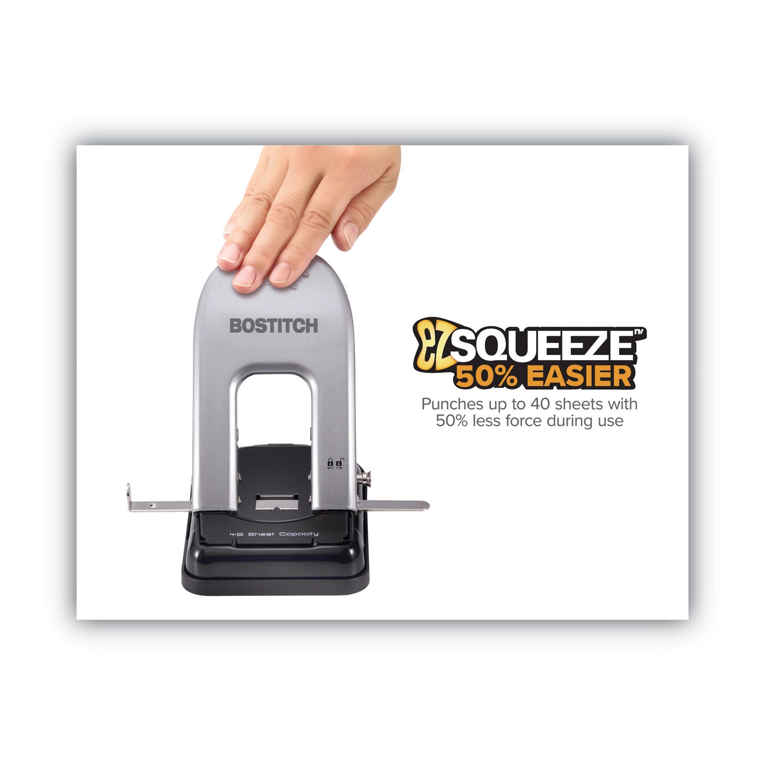 Bostitch® 40-Sheet EZ Squeeze Two-Hole Punch, 9/32" Holes, Black/Silver