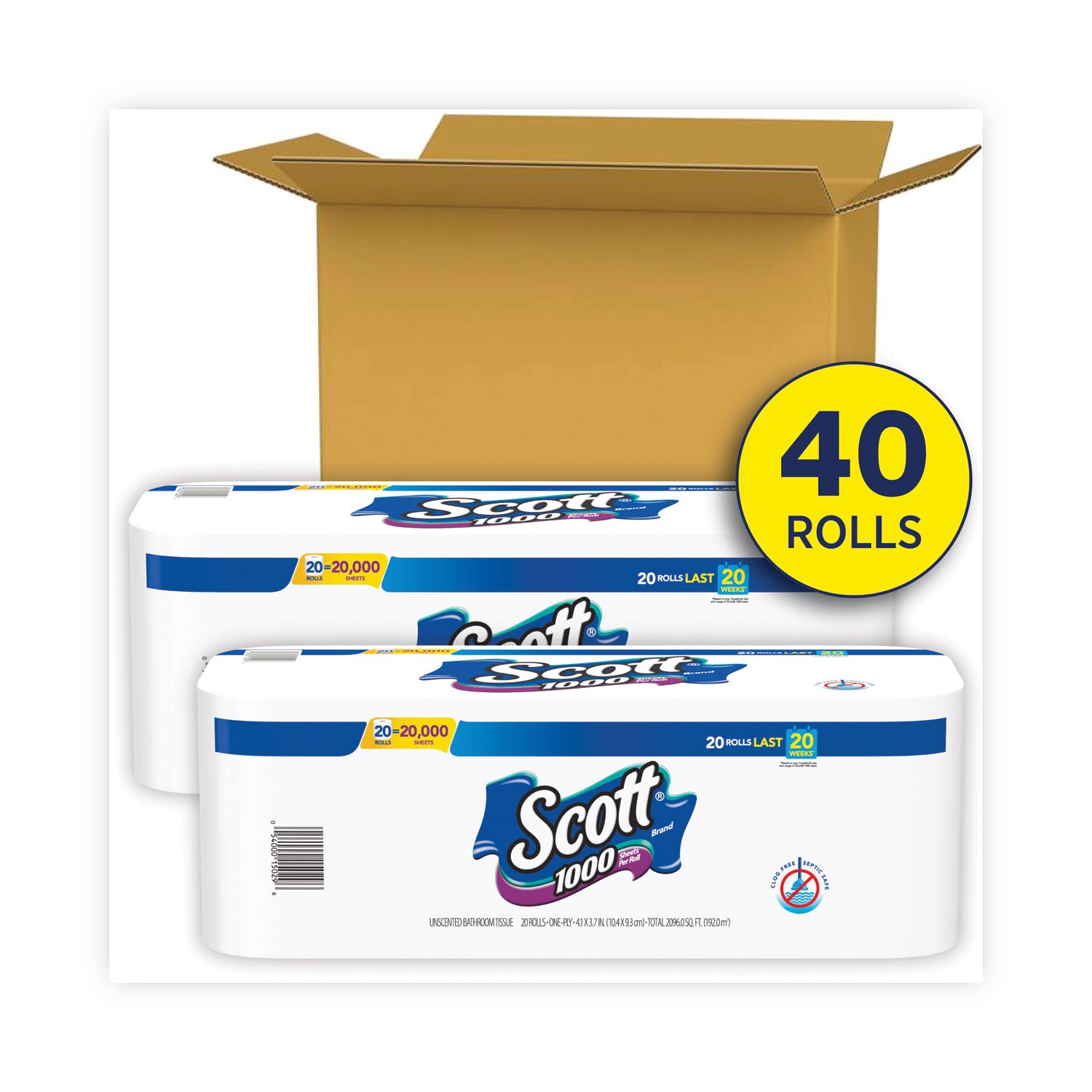 Scott® Standard Roll Bathroom Tissue, Septic Safe, 1-Ply, White, 1,000 Sheets/Roll, 20/Pack, 2 Packs/Carton