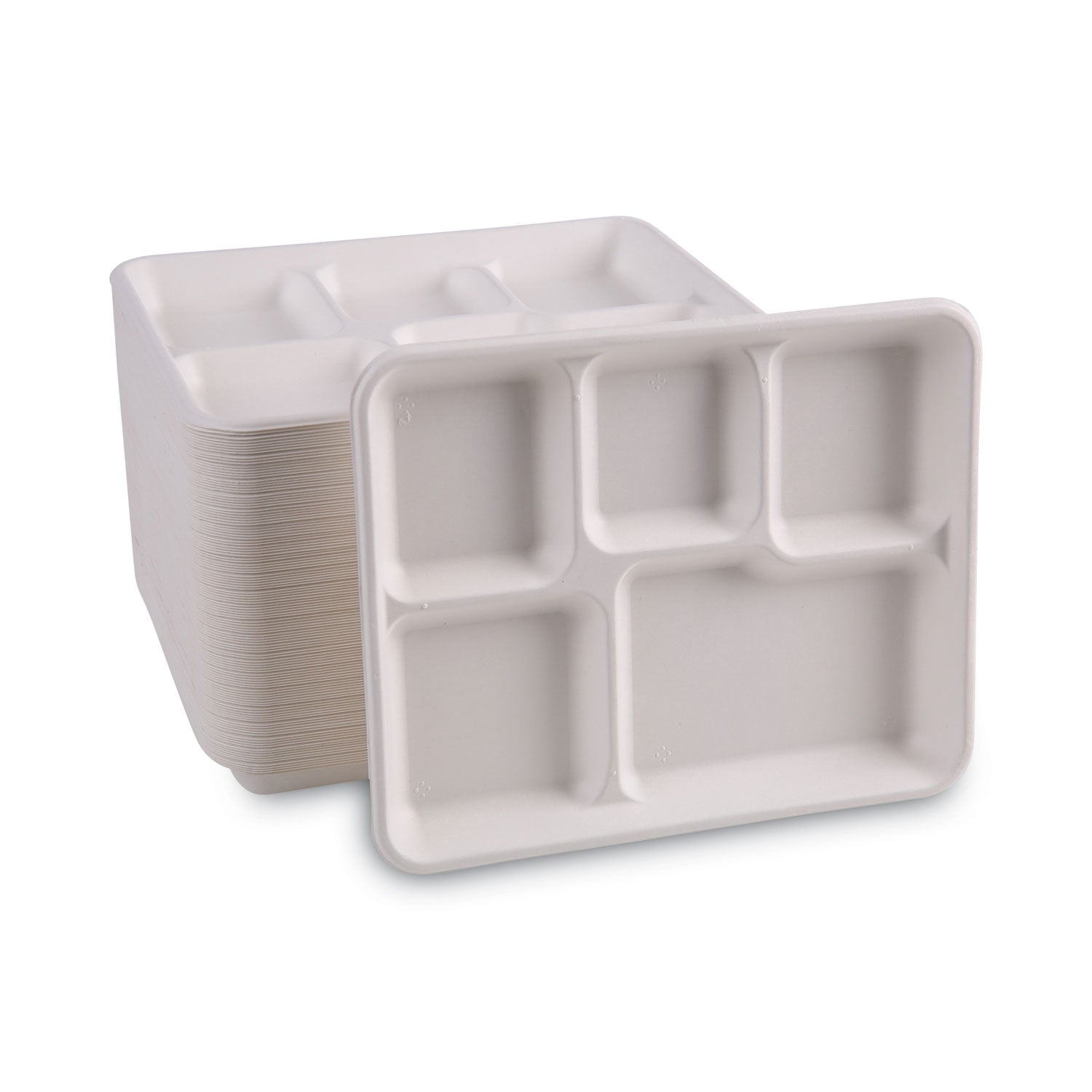 Bagasse Dinnerware, 5-Compartment Tray, 10 x 8, White, 500/Carton Boardwalk® Flipcost