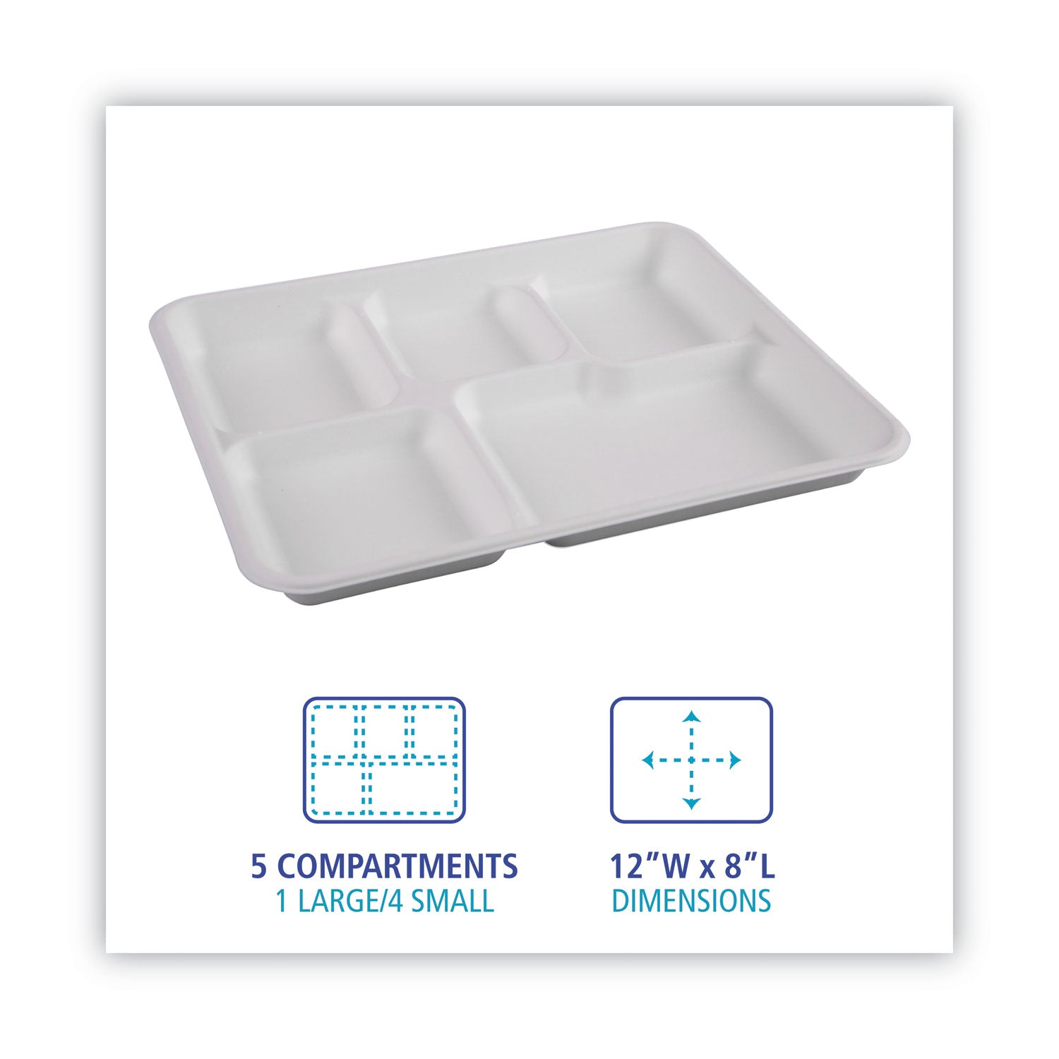 Bagasse Dinnerware, 5-Compartment Tray, 10 x 8, White, 500/Carton Boardwalk® Flipcost