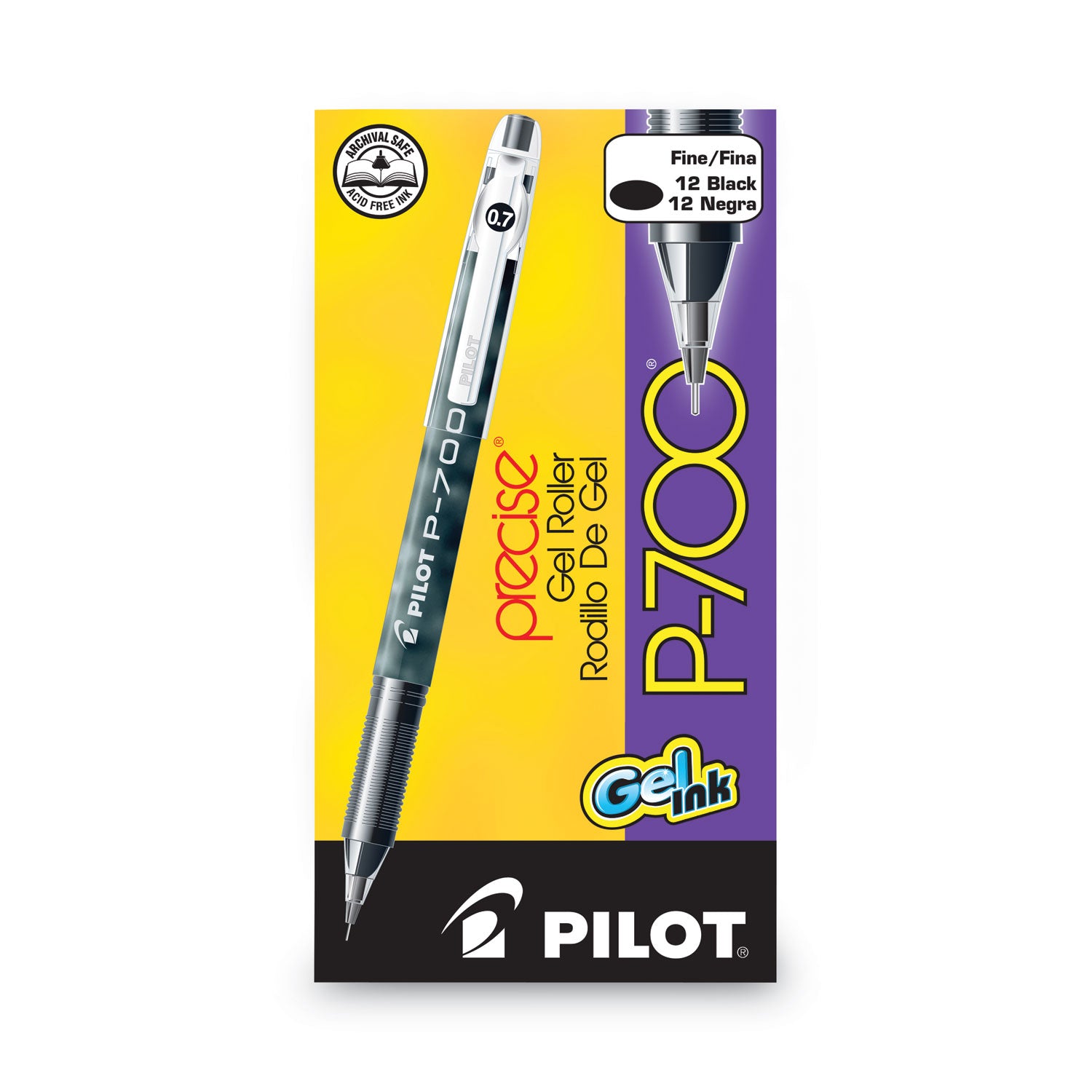 Pilot® Precise P-700 Gel Pen, Stick, Fine 0.7 mm, Black Ink, Black Barrel, Dozen