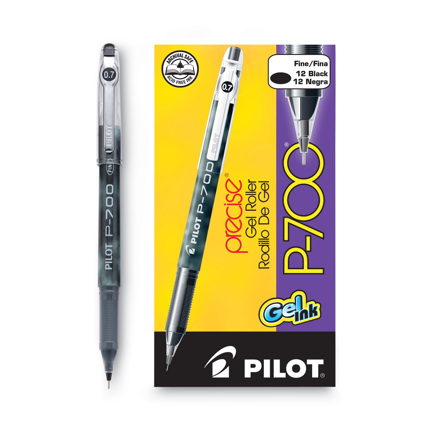 Pilot® Precise P-700 Gel Pen, Stick, Fine 0.7 mm, Black Ink, Black Barrel, Dozen