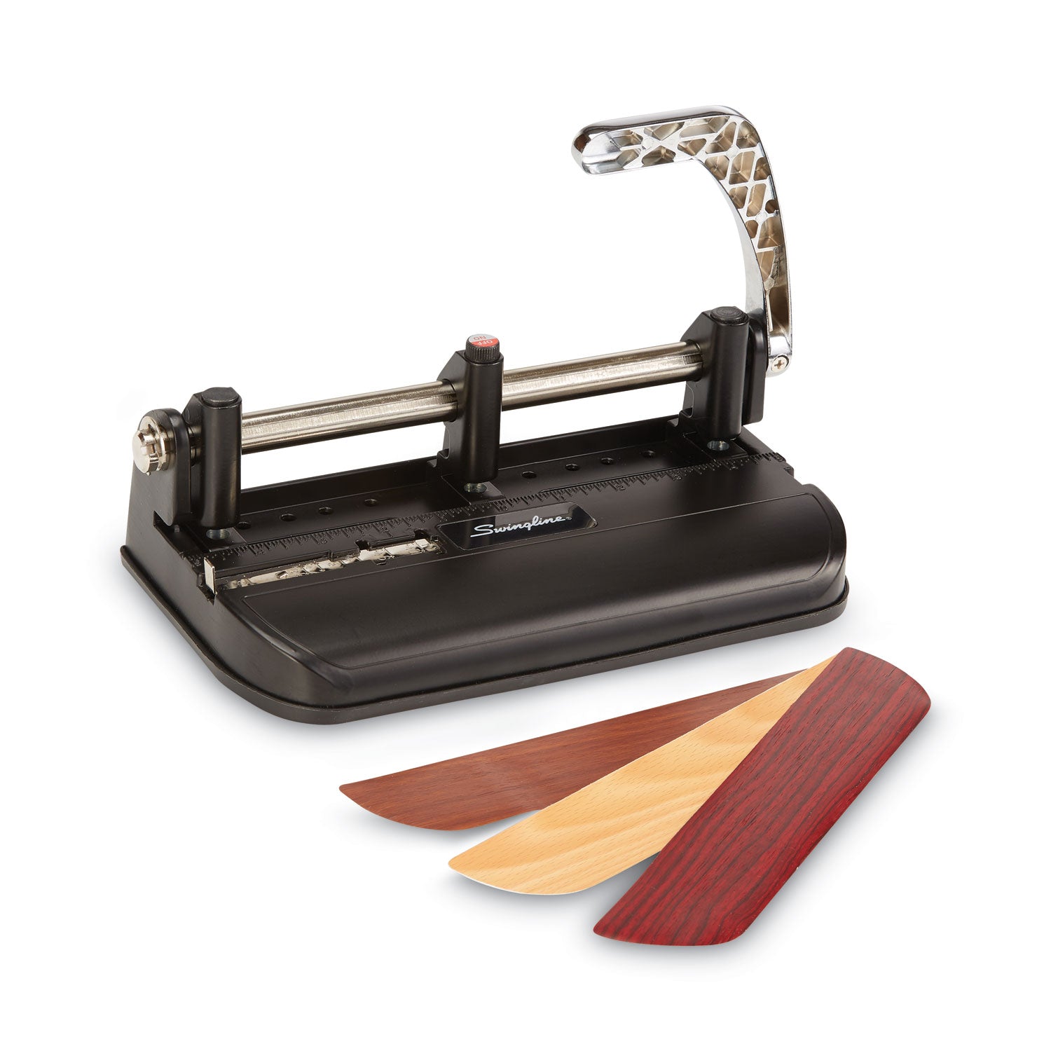 Swingline® 40-Sheet Accented Heavy-Duty Lever Action Two- to Seven-Hole Punch, 11/32" Holes, Black/Woodgrain