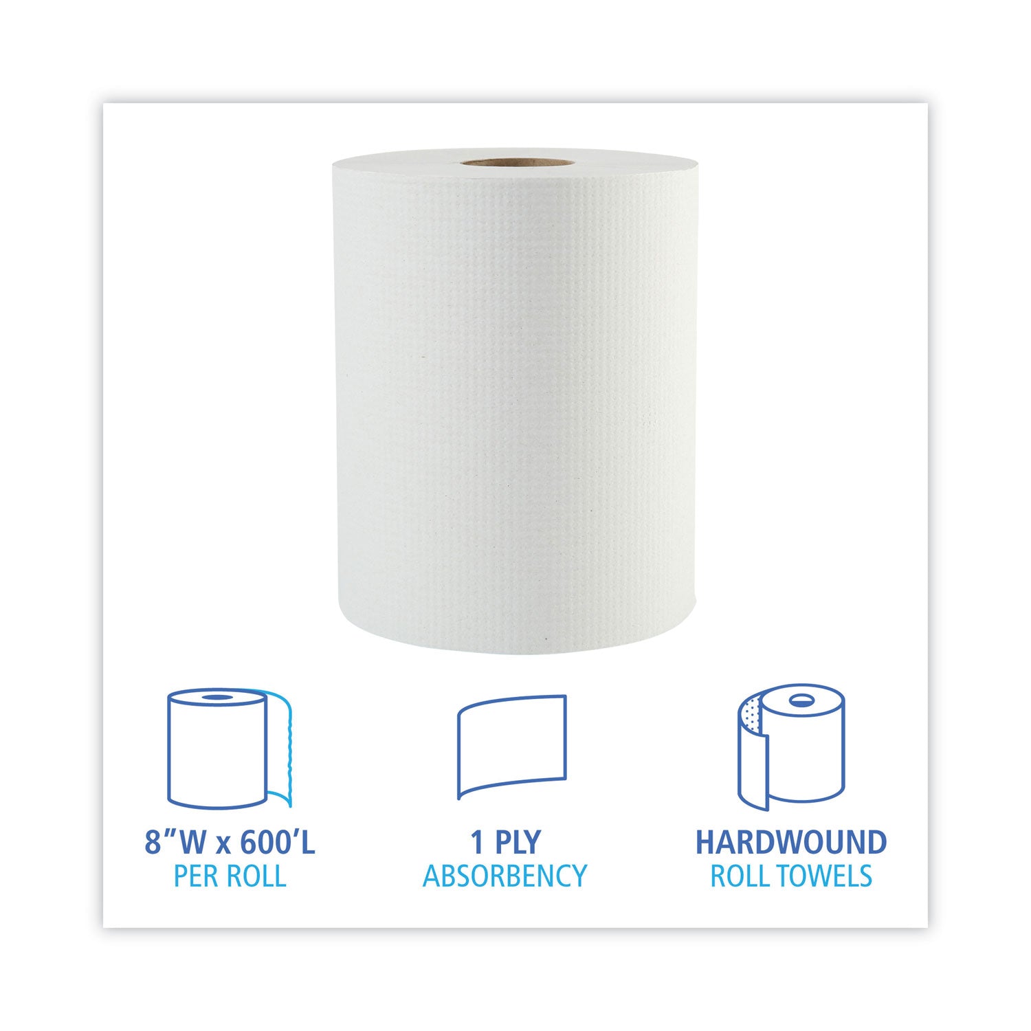 Boardwalk® Hardwound Paper Towels, 1-Ply, 8" x 600 ft, White, 2" Core, 12 Rolls/Carton