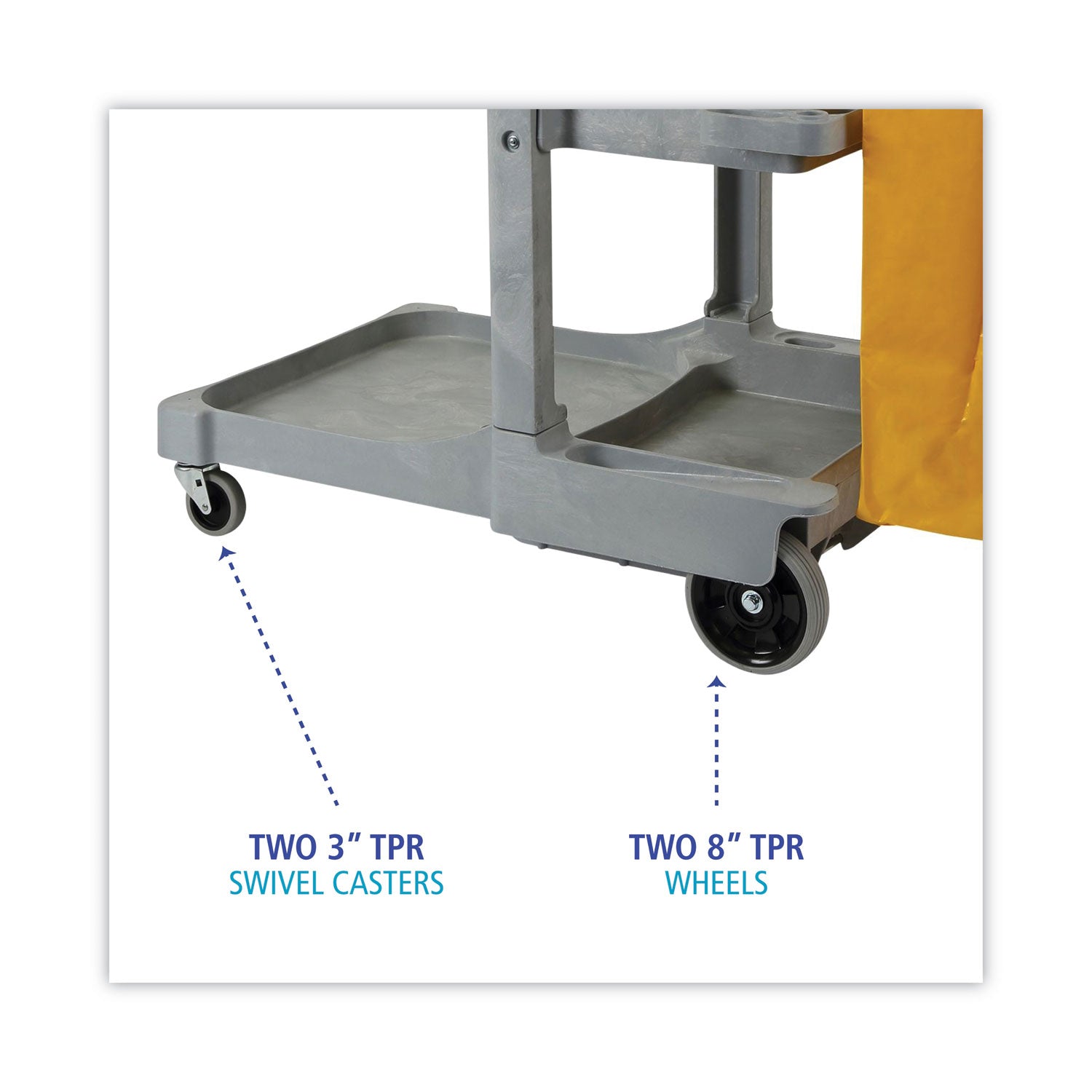 Boardwalk® Janitor's Cart, Plastic, 4 Shelves, 1 Bin, 22" x 44" x 38", Gray