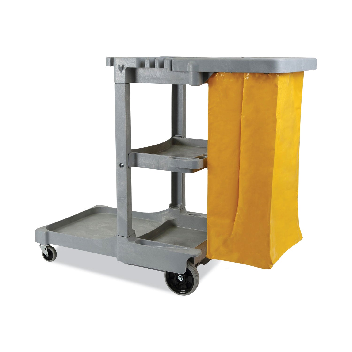 Janitor's Cart, Plastic, 4 Shelves, 1 Bin, 22" x 44" x 38", Gray