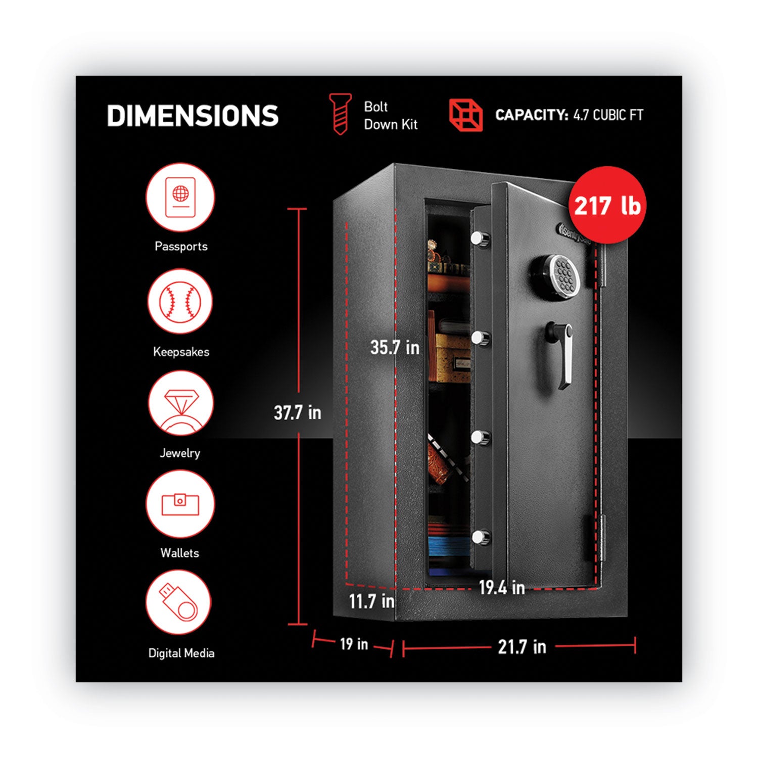 Sentry® Safe EF4738E Safe, 4.71 cu ft, 21.7w x 19d x 37.7h, Black