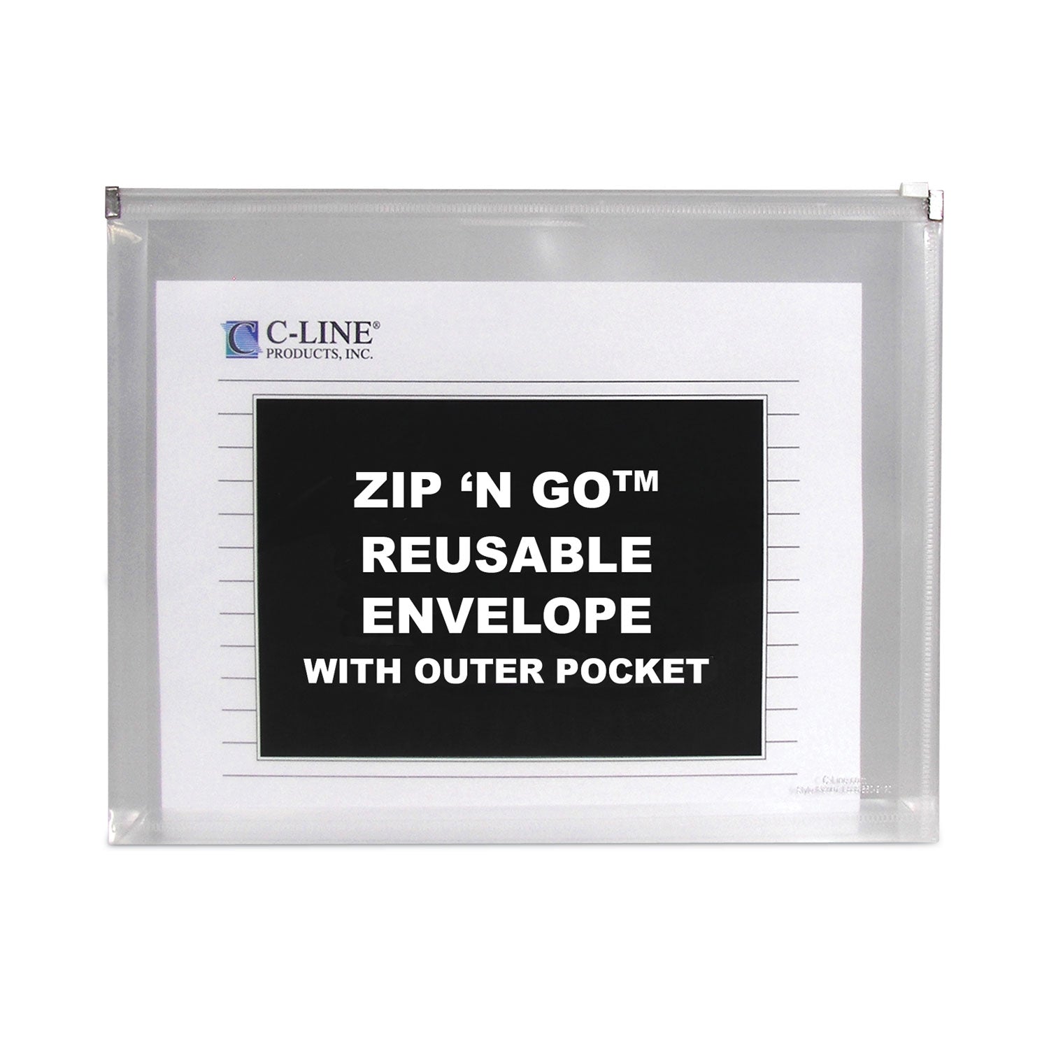 C-Line® Zip 'N Go Reusable Envelope with Outer Pocket, 1" Capacity, 2 Sections, 10 x 13, Clear, 3/Pack