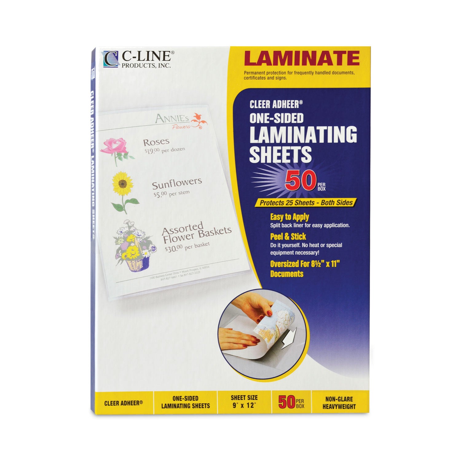 C-Line® Cleer Adheer Self-Adhesive Laminating Film, 2 mil, 9" x 12", Non-Glare Clear, 50/Box