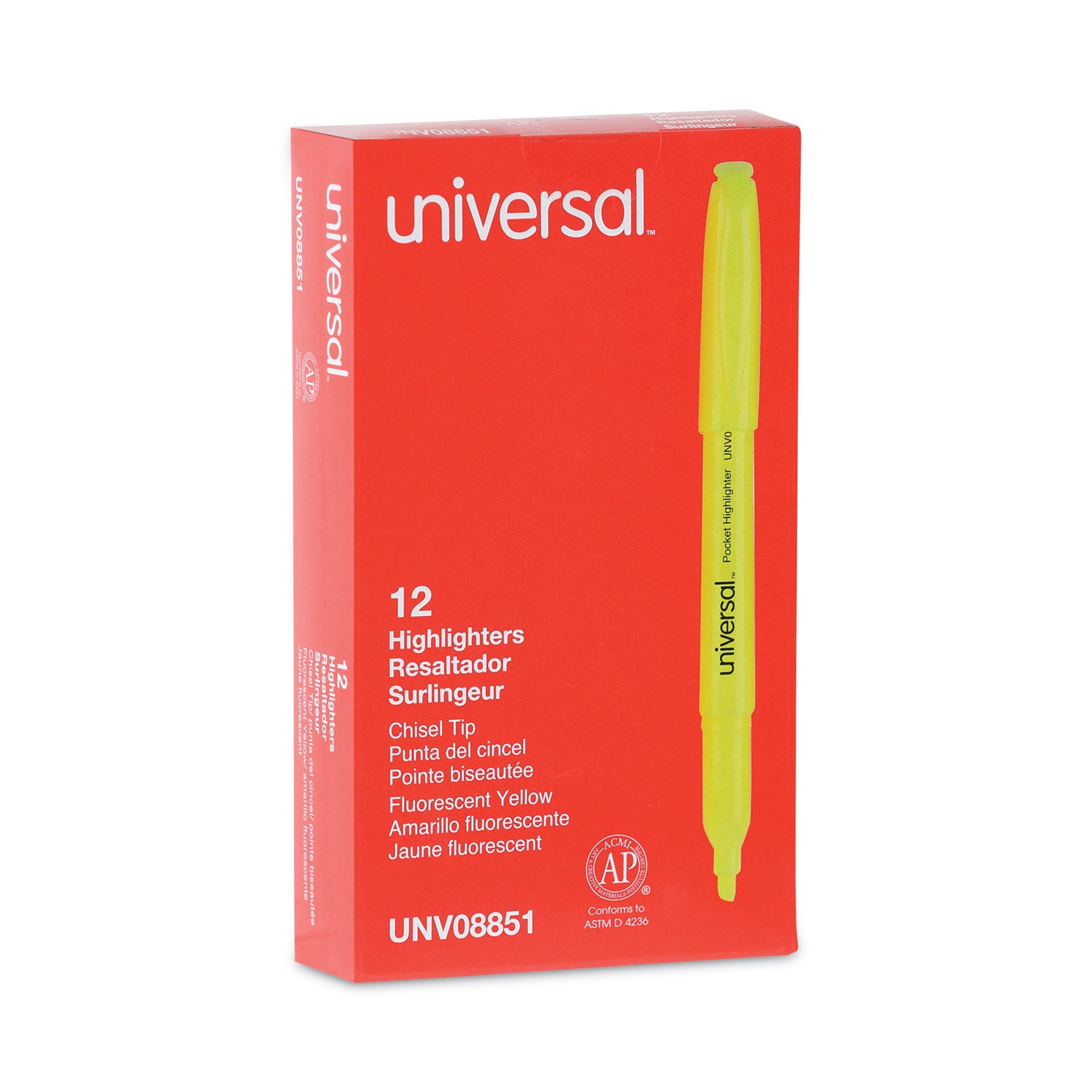 Universal™ Pocket Highlighters, Fluorescent Yellow Ink, Chisel Tip, Yellow Barrel, Dozen