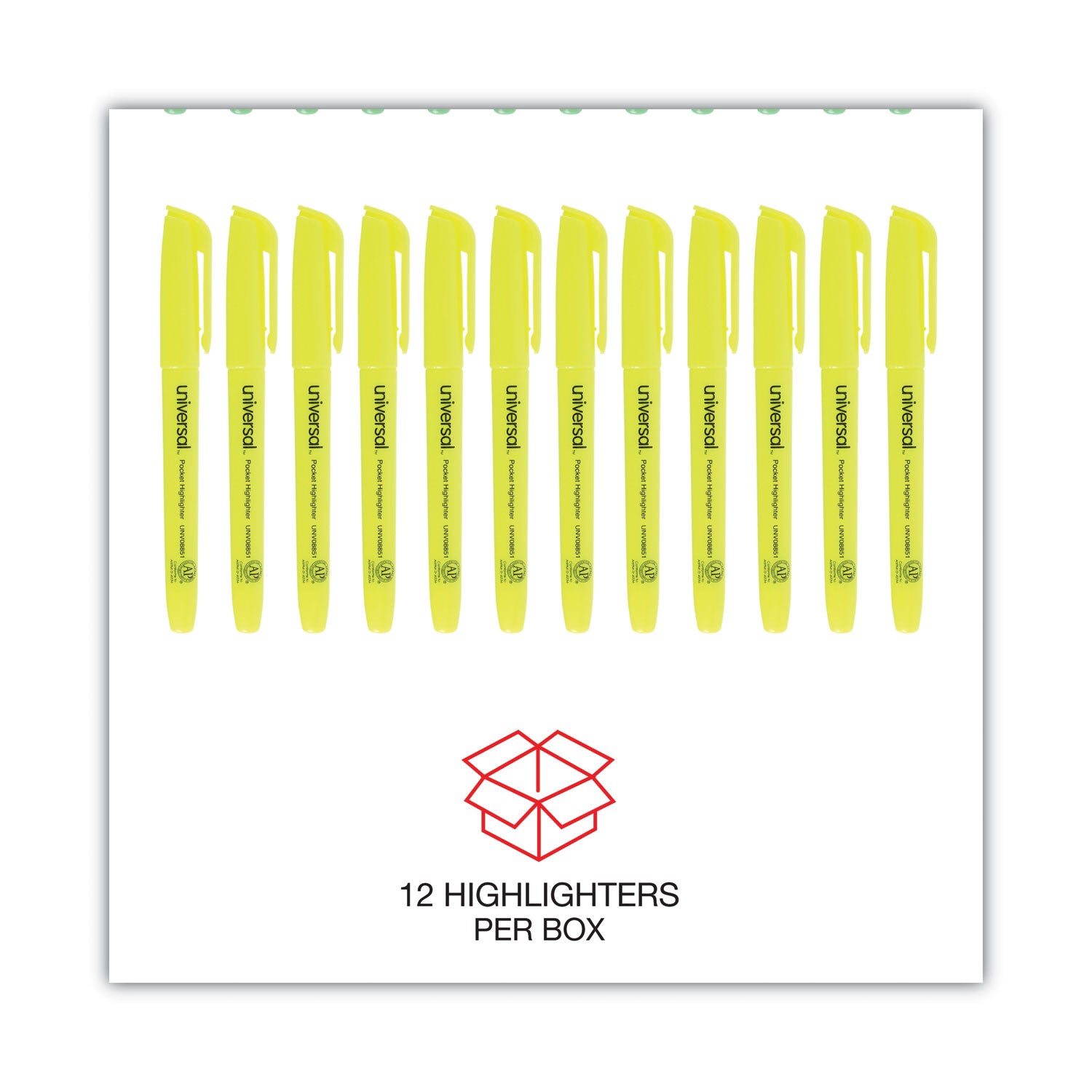 Universal™ Pocket Highlighters, Fluorescent Yellow Ink, Chisel Tip, Yellow Barrel, Dozen