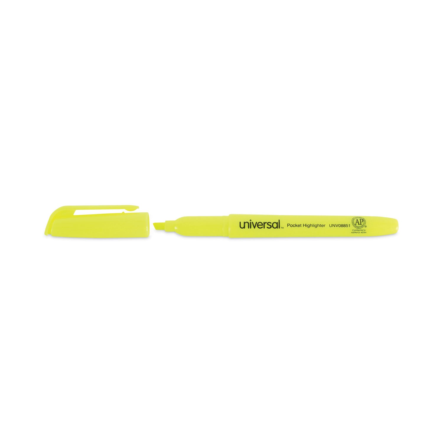 Universal™ Pocket Highlighters, Fluorescent Yellow Ink, Chisel Tip, Yellow Barrel, Dozen