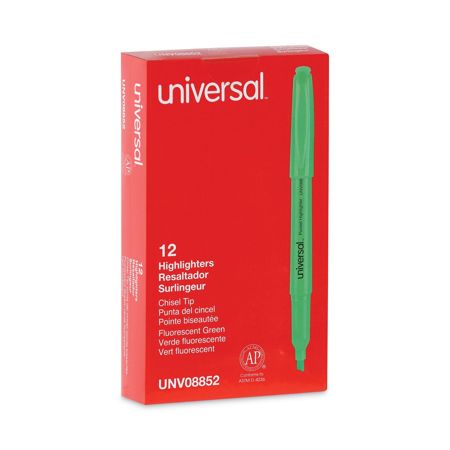 Universal™ Pocket Highlighters, Fluorescent Green Ink, Chisel Tip, Green Barrel, Dozen