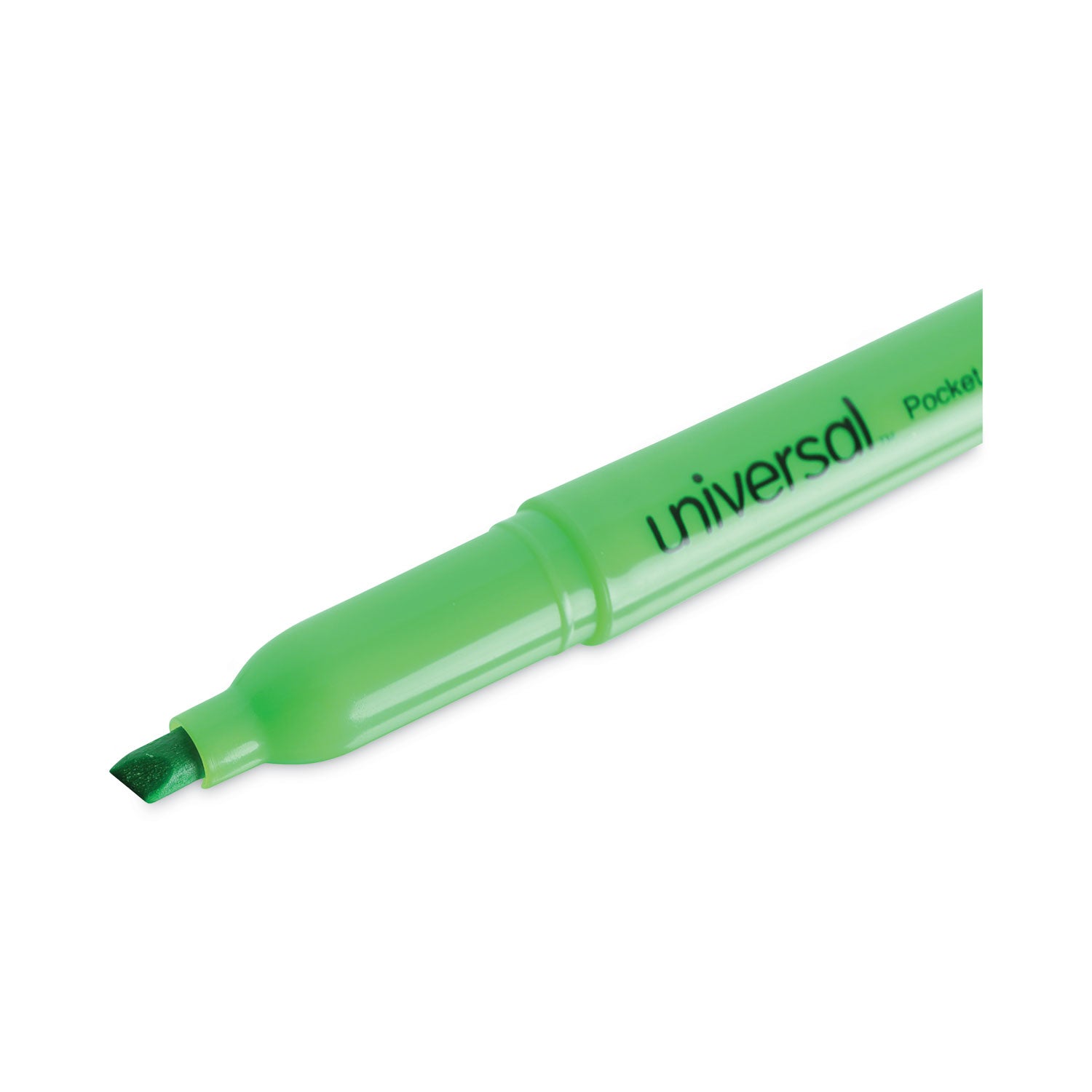 Universal™ Pocket Highlighters, Fluorescent Green Ink, Chisel Tip, Green Barrel, Dozen