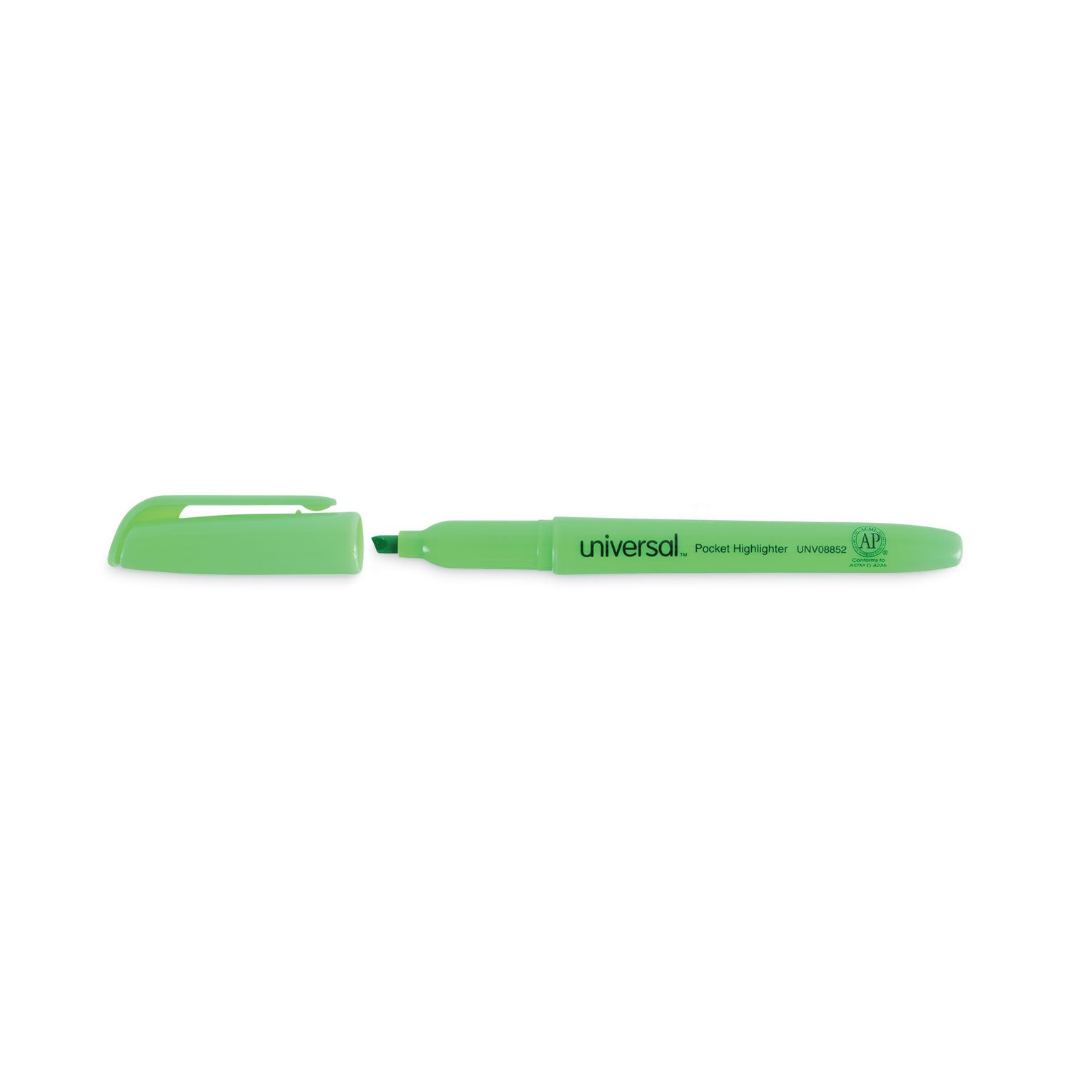 Universal™ Pocket Highlighters, Fluorescent Green Ink, Chisel Tip, Green Barrel, Dozen