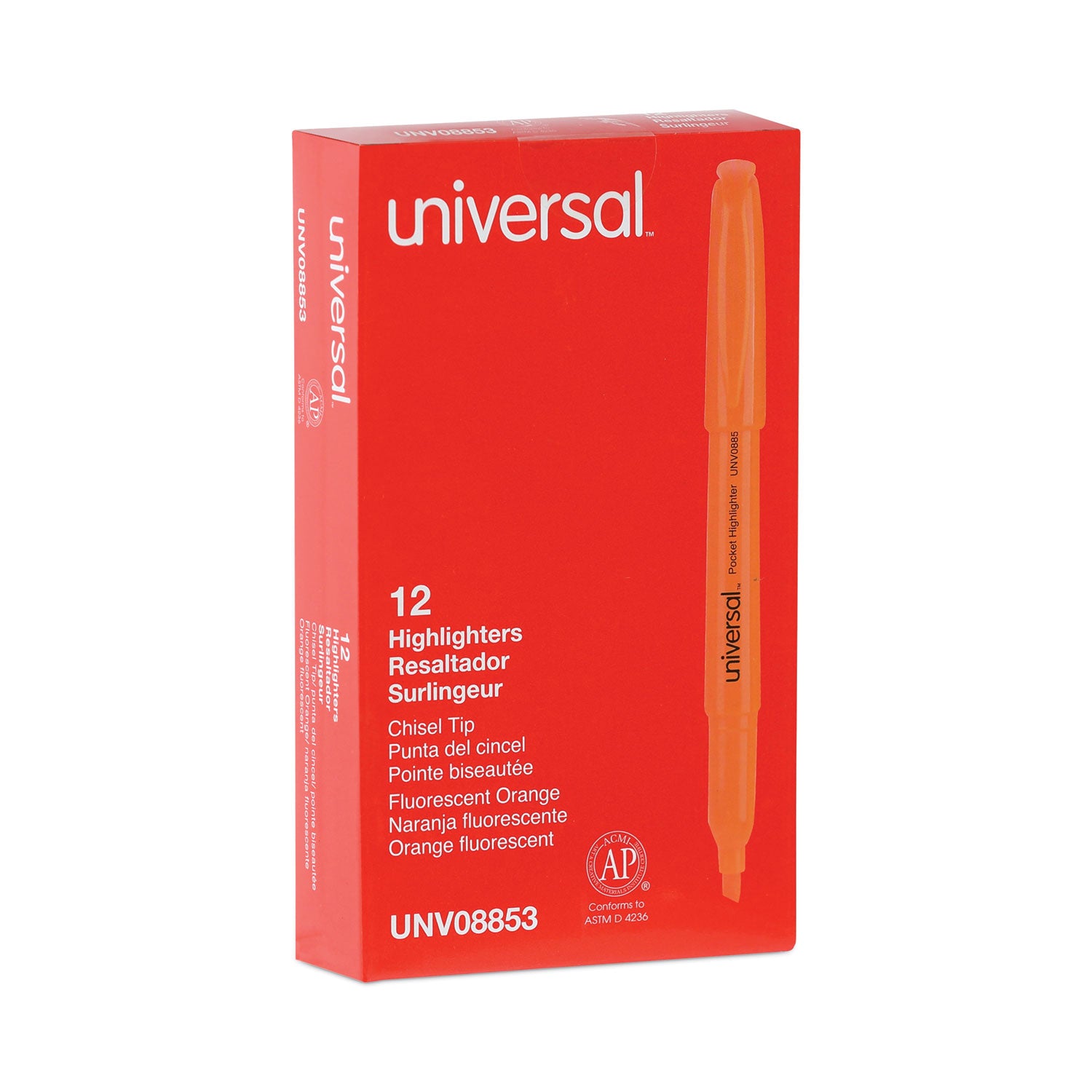 Universal™ Pocket Highlighters, Fluorescent Orange Ink, Chisel Tip, Orange Barrel, Dozen