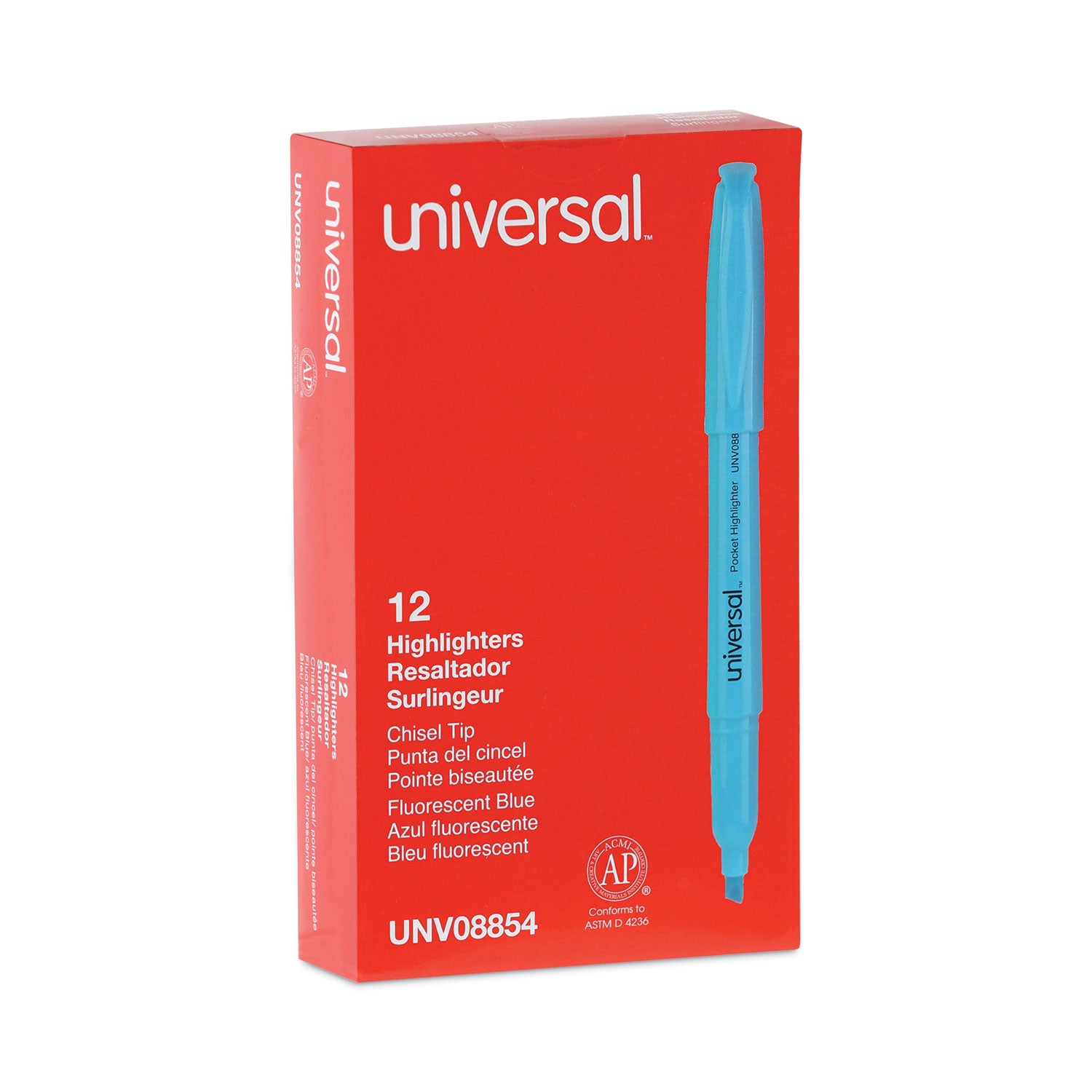 Universal™ Pocket Highlighters, Fluorescent Blue Ink, Chisel Tip, Blue Barrel, Dozen