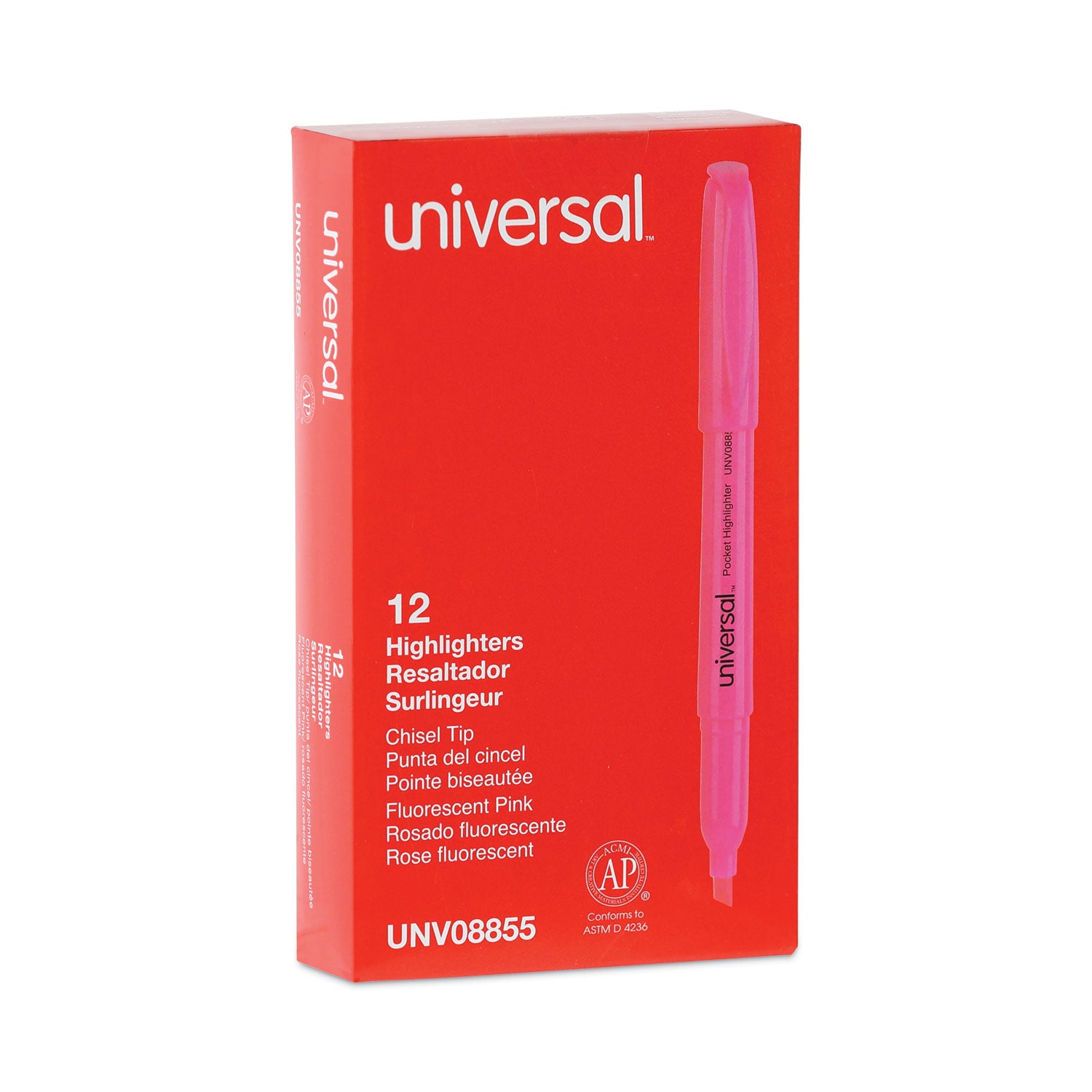 Universal™ Pocket Highlighters, Fluorescent Pink Ink, Chisel Tip, Pink Barrel, Dozen