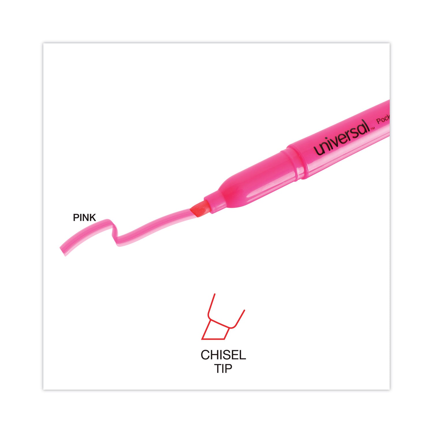 Universal™ Pocket Highlighters, Fluorescent Pink Ink, Chisel Tip, Pink Barrel, Dozen