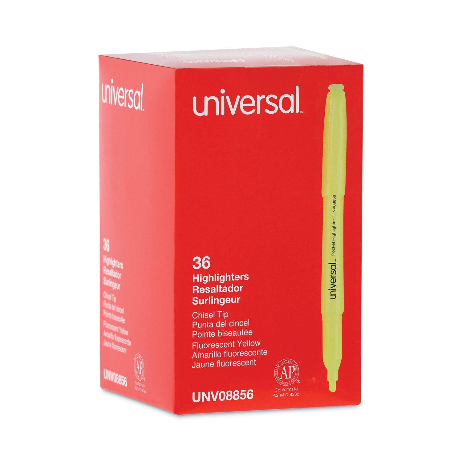 Universal™ Pocket Highlighter Value Pack, Fluorescent Yellow Ink, Chisel Tip, Yellow Barrel, 36/Pack