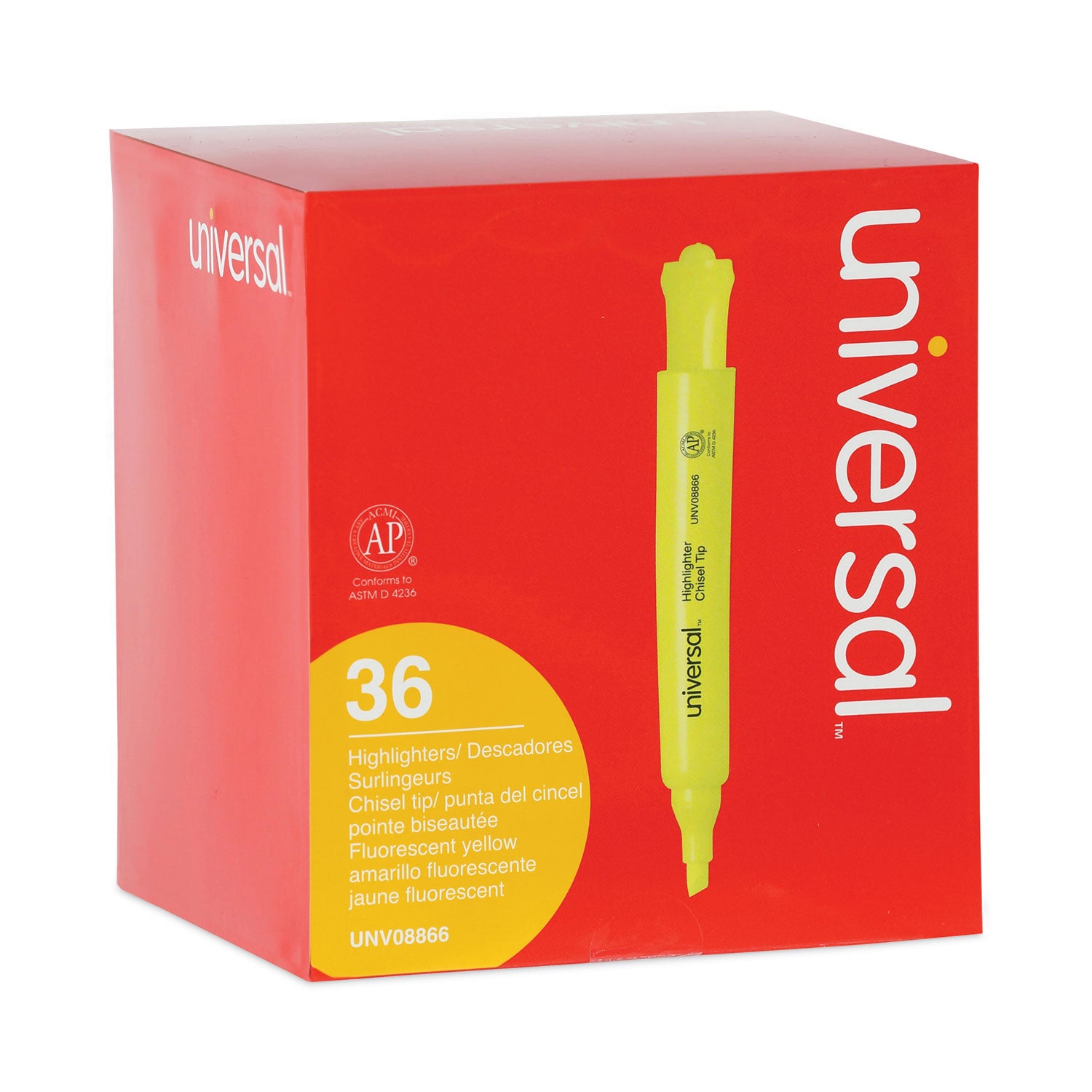 Universal™ Desk Highlighter Value Pack, Fluorescent Yellow Ink, Chisel Tip, Yellow Barrel, 36/Pack