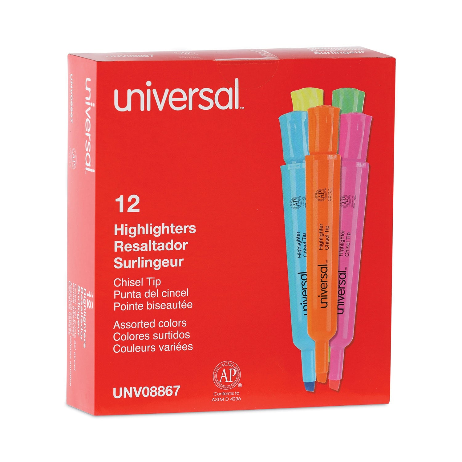 Universal™ Desk Highlighters, Assorted Ink Colors, Chisel Tip, Assorted Barrel Colors, Dozen