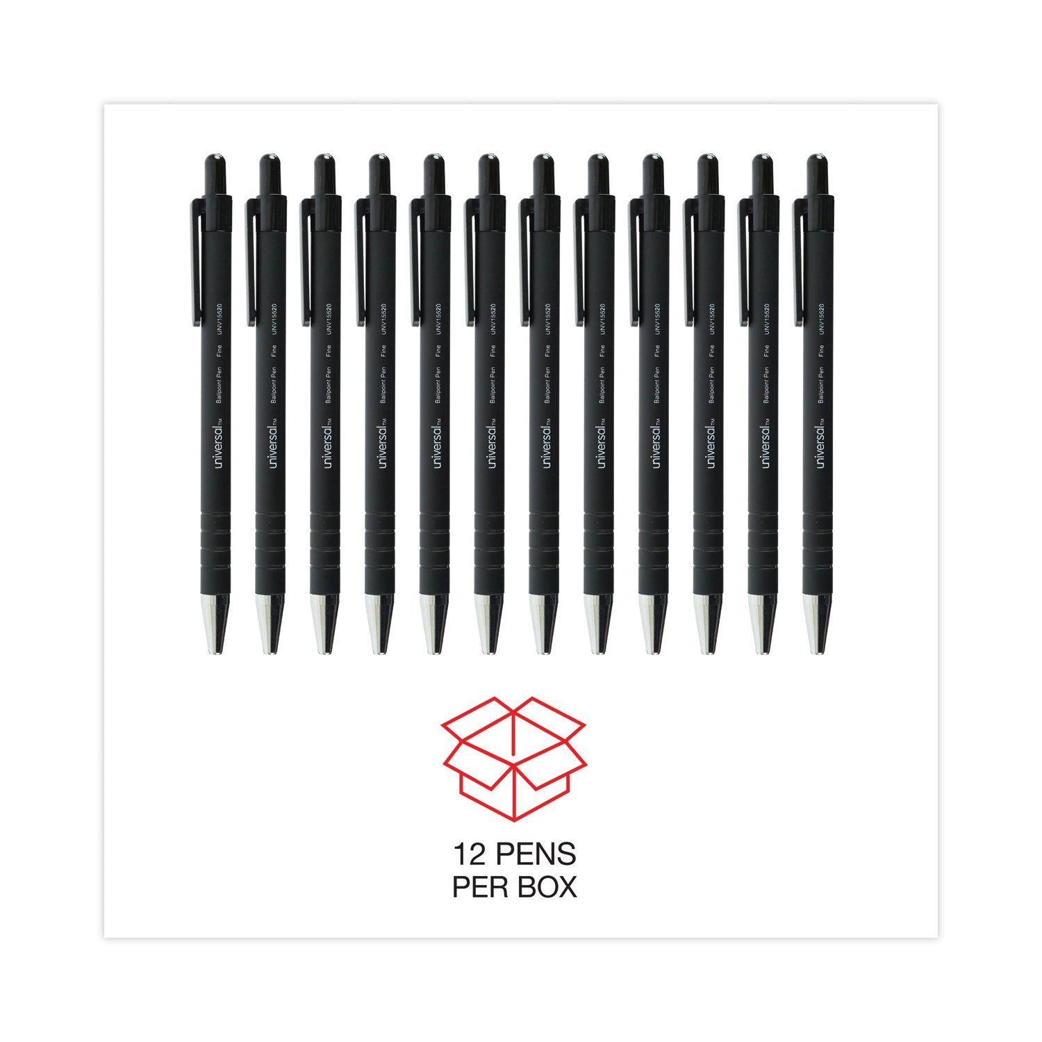 Universal™ Ballpoint Pen, Retractable, Fine 0.7 mm, Black Ink, Black Barrel, Dozen