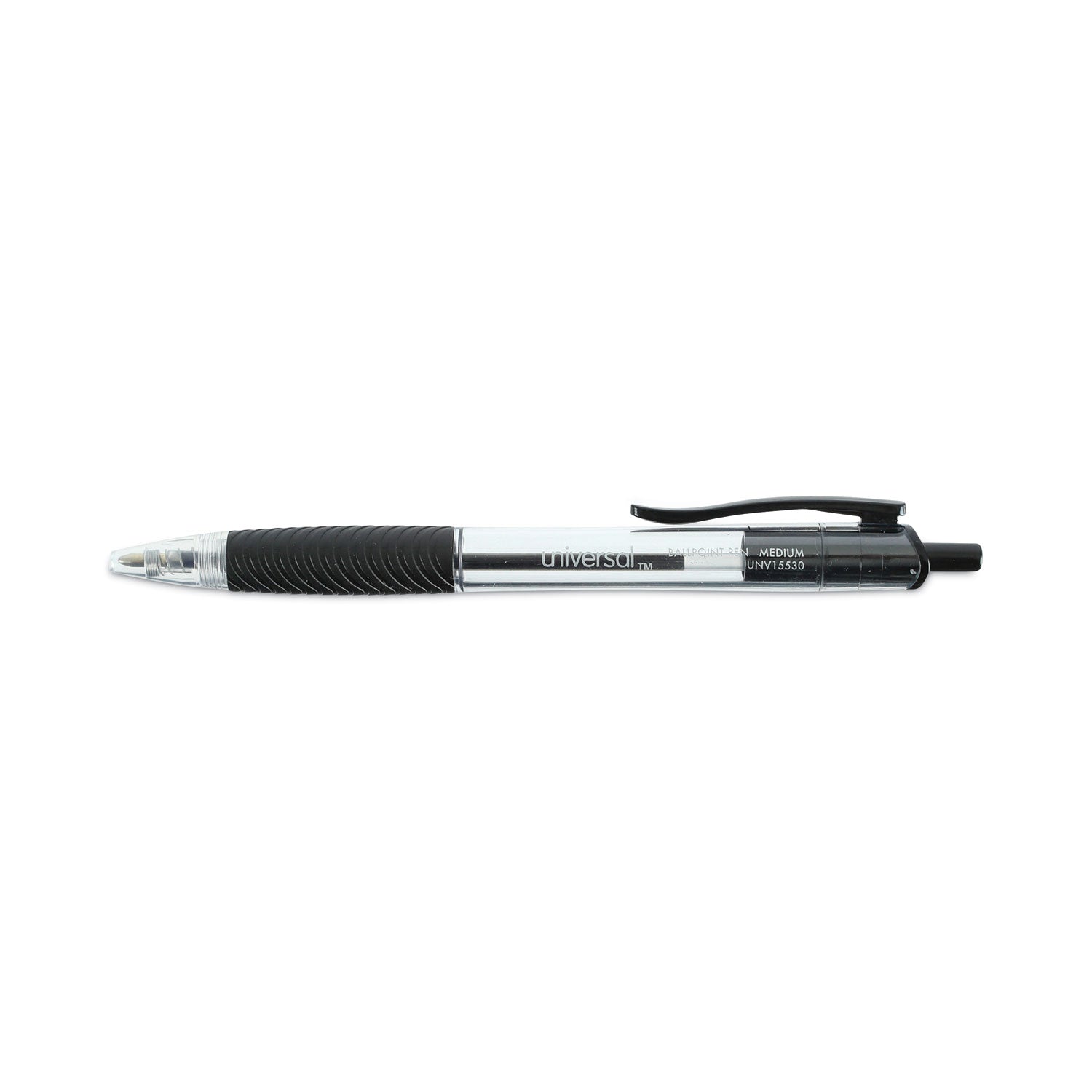 Universal™ Comfort Grip Ballpoint Pen, Retractable, Medium 1 mm, Black Ink, Clear/Black Barrel, Dozen