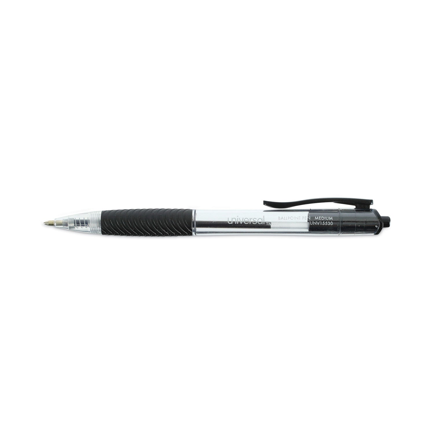 Universal™ Comfort Grip Ballpoint Pen, Retractable, Medium 1 mm, Black Ink, Clear/Black Barrel, Dozen