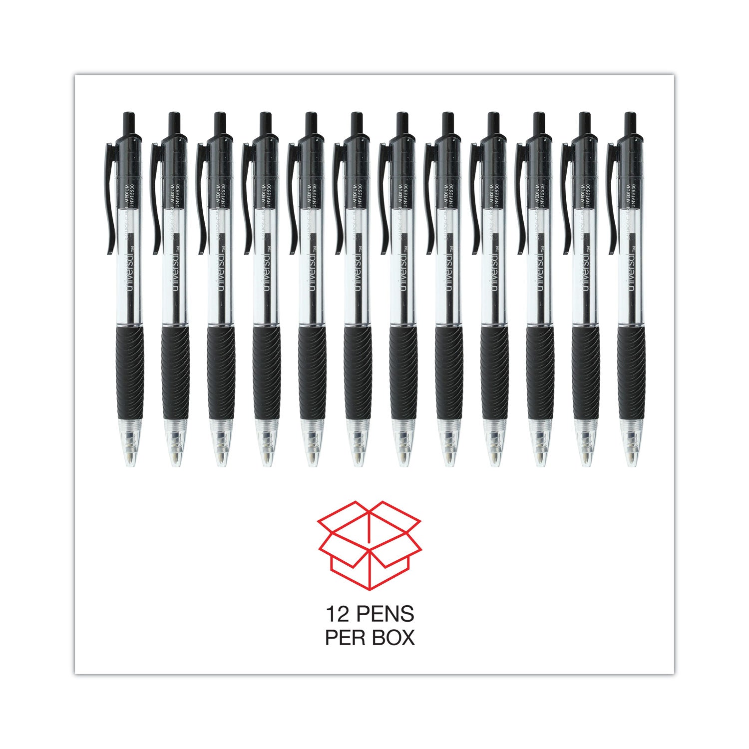 Universal™ Comfort Grip Ballpoint Pen, Retractable, Medium 1 mm, Black Ink, Clear/Black Barrel, Dozen