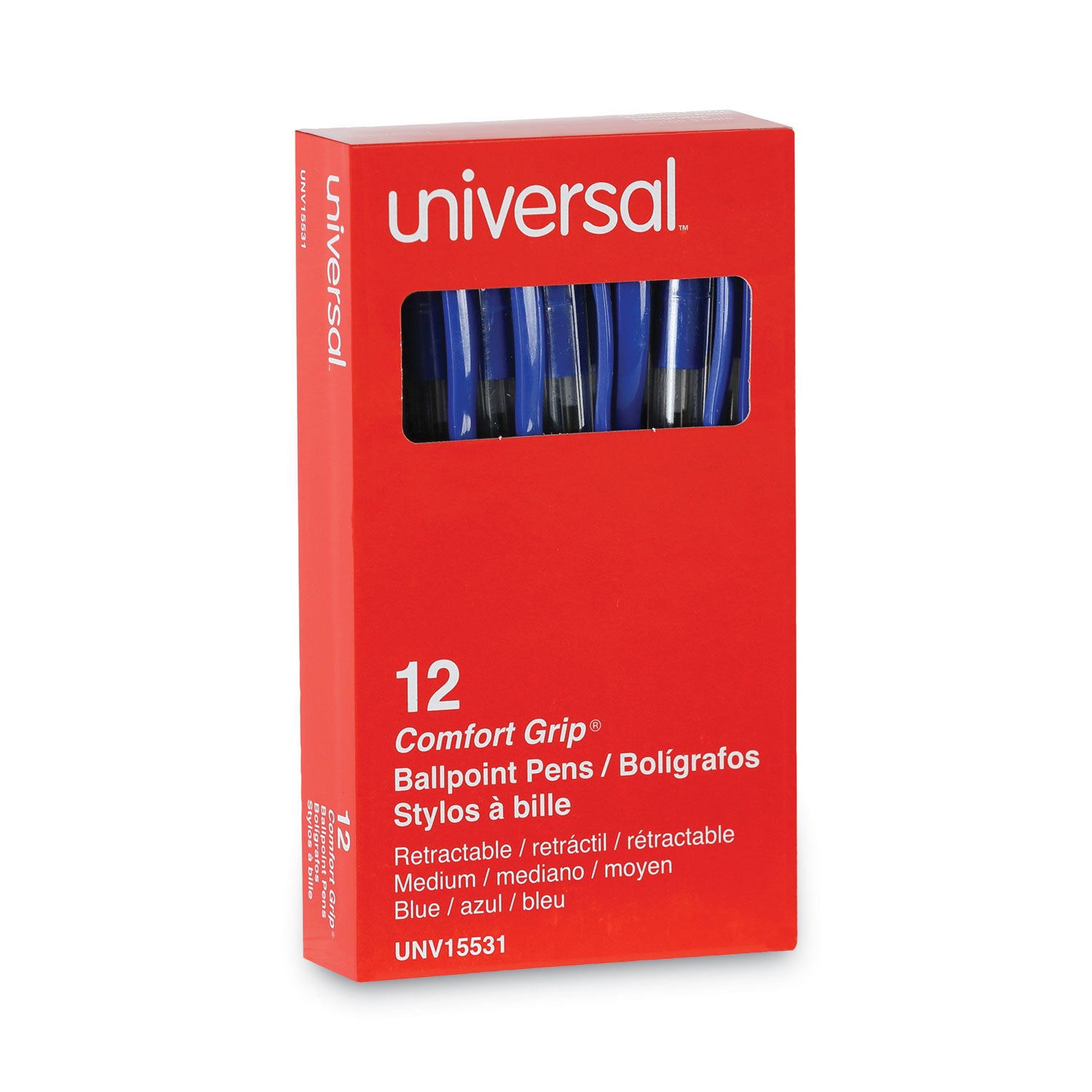 Universal™ Comfort Grip Ballpoint Pen, Retractable, Medium 1 mm, Blue Ink, Clear/Blue Barrel, Dozen