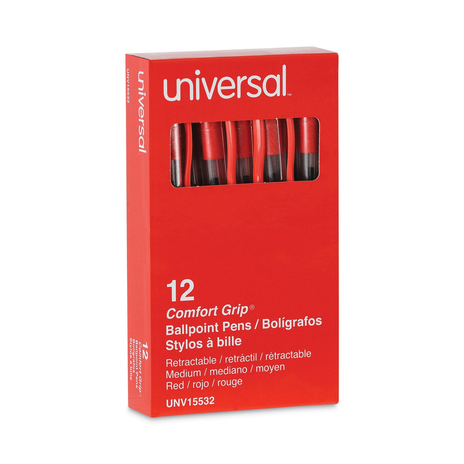 Universal™ Comfort Grip Ballpoint Pen, Retractable, Medium 1 mm, Red Ink, Clear/Red Barrel, Dozen