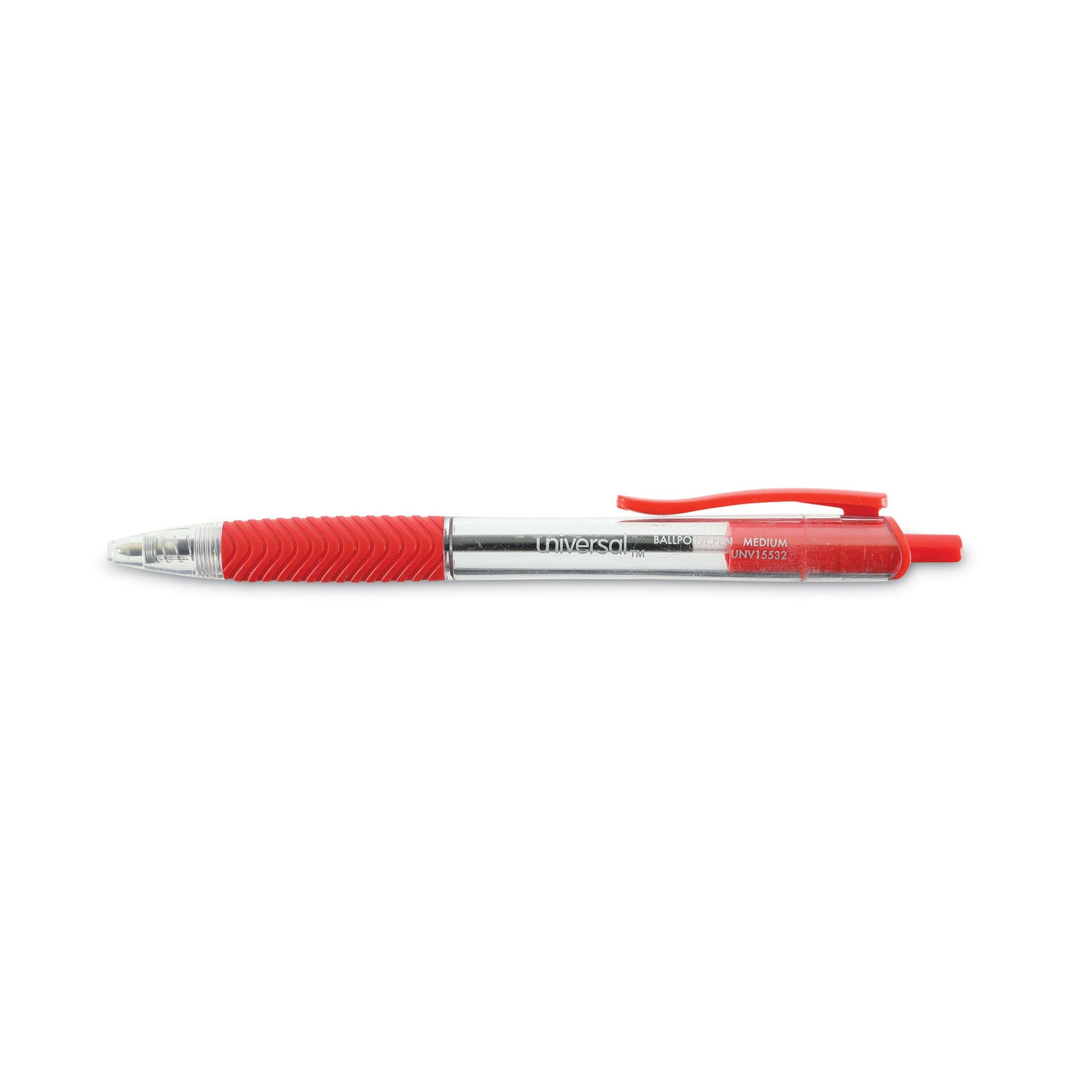 Universal™ Comfort Grip Ballpoint Pen, Retractable, Medium 1 mm, Red Ink, Clear/Red Barrel, Dozen